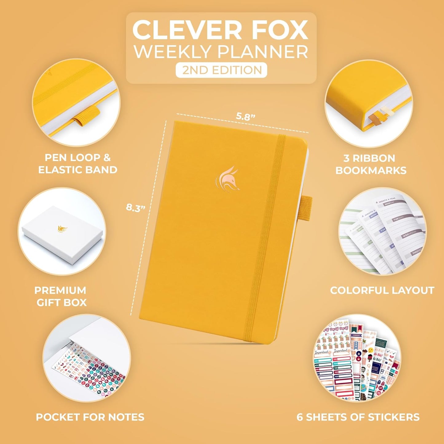 Clever Fox Planner 2nd Edition – Colorful Weekly & Monthly Goal Planner, Time Management & Productivity Organizer, Undated, A5 (Amber Yellow)