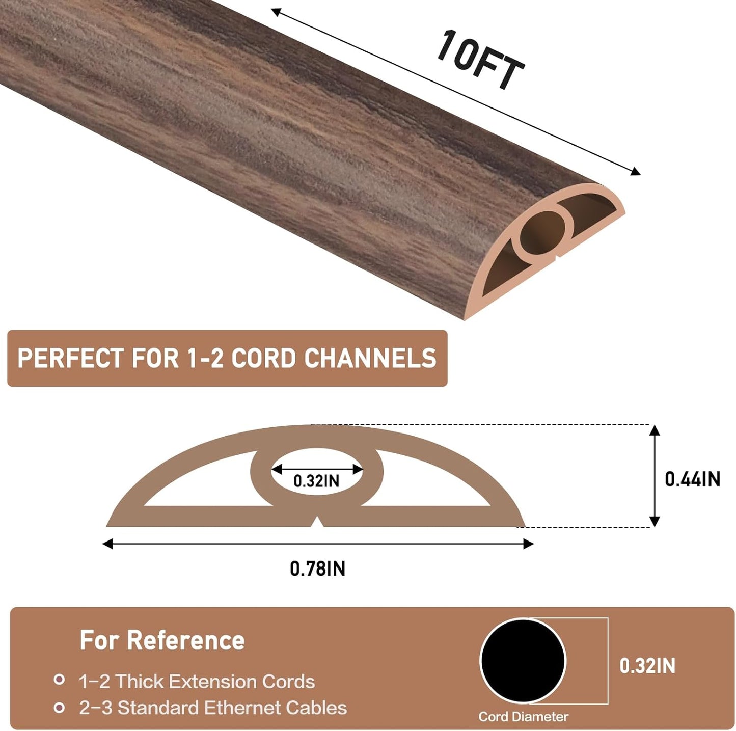 Floor Cord Cover Self Adhesive Cord Hider Floor Extension Cord Covers for Floor Power Cord Protector Cable Management Prevent Cable Trips Cable Cavity 0.32" W x 0.32" H (Smoked Brown Wood, 10Ft)