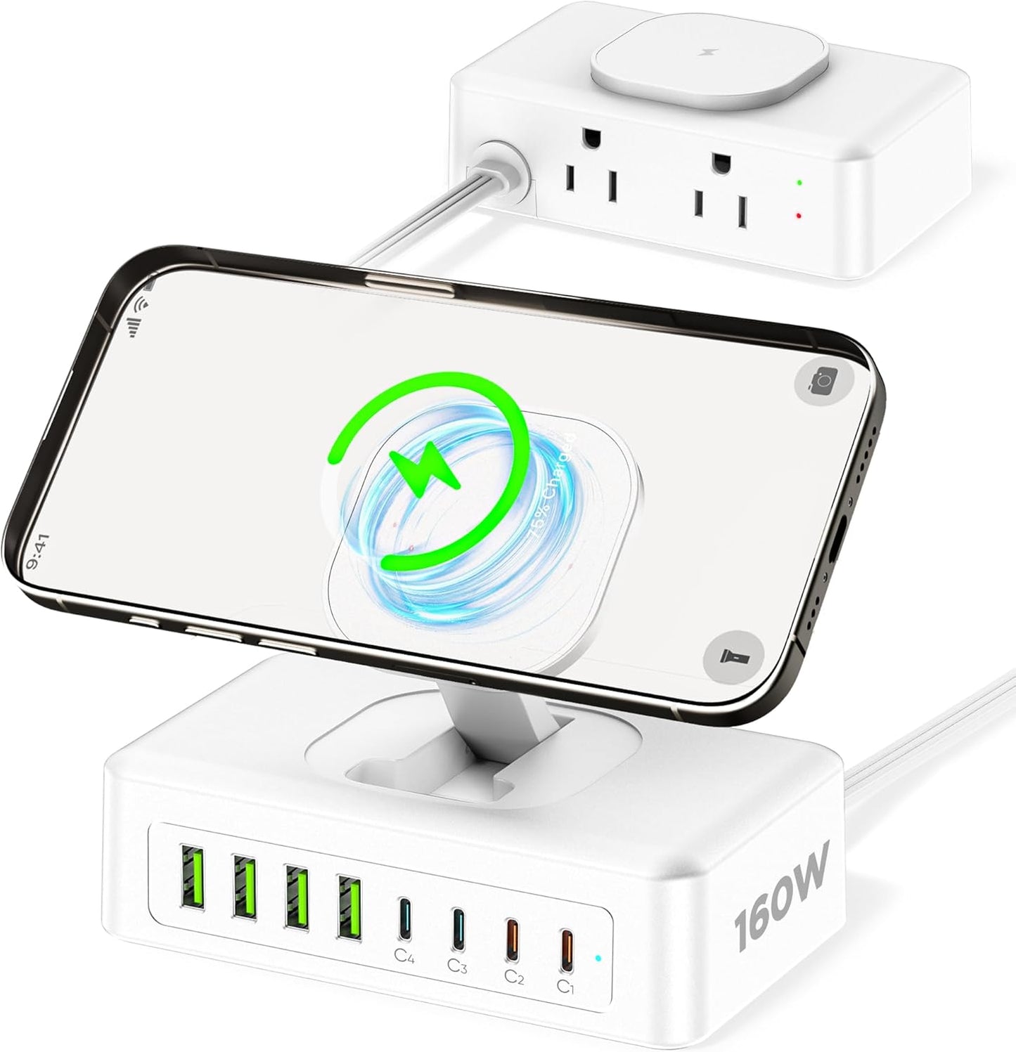 160W USB Charging Station Power Strip, 11-in-1 USB C Charger Block, 2AC Outlets with 8USB Ports(4USB-C), 5FT Flat Plug Extension Cord, Fast Charging Desktop Charger for Home Office Dorm Room, White