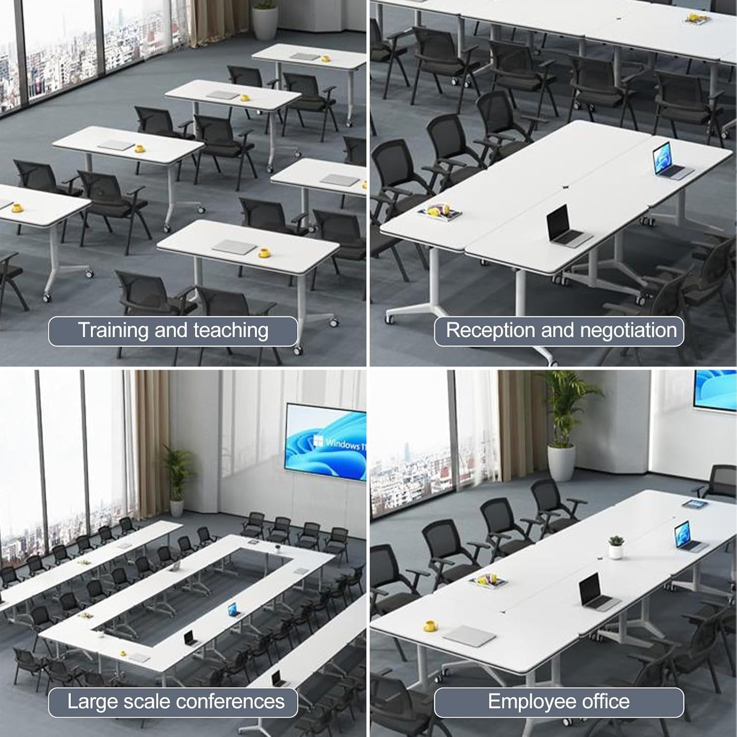 Folding Conference Room Table, Modern Mobile Training Table with Wheels, White Foldable Seminar Meeting Tables for Office Corporations (4pack 55.1in)