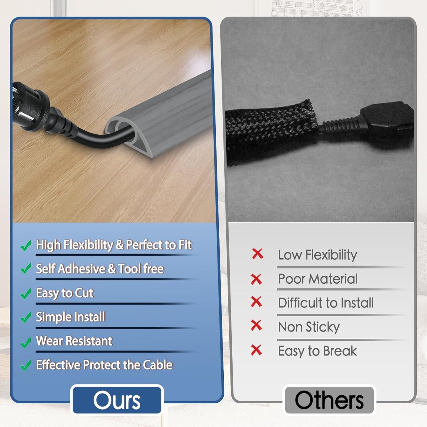 Floor Cord Cover for Wires on Floor Self Adhesive Cord Hider Floor Cable Management Wire Covers for Cords Protector Prevent Cable Trips Cord Cavity W 0.32" x H 0.32", Gray Wood, 10Ft