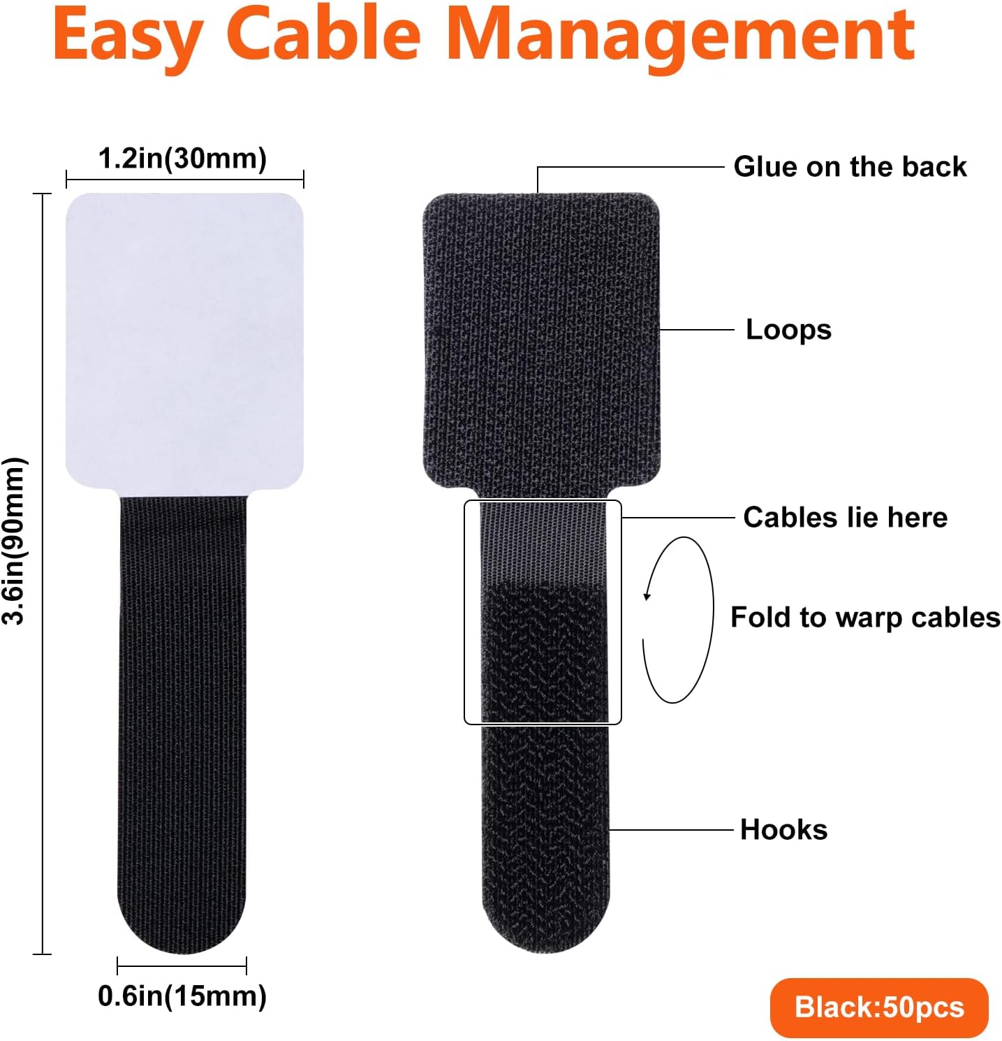 Hook and Loop Cable Ties, Adhesive Cable Clips, Cord Organizer for Appliances,Cable Ties Can Easily Organize Desktop Wires and Network Cables, Many Use in Home, Office, Garage, Outdoor, 50Pcs per Pack
