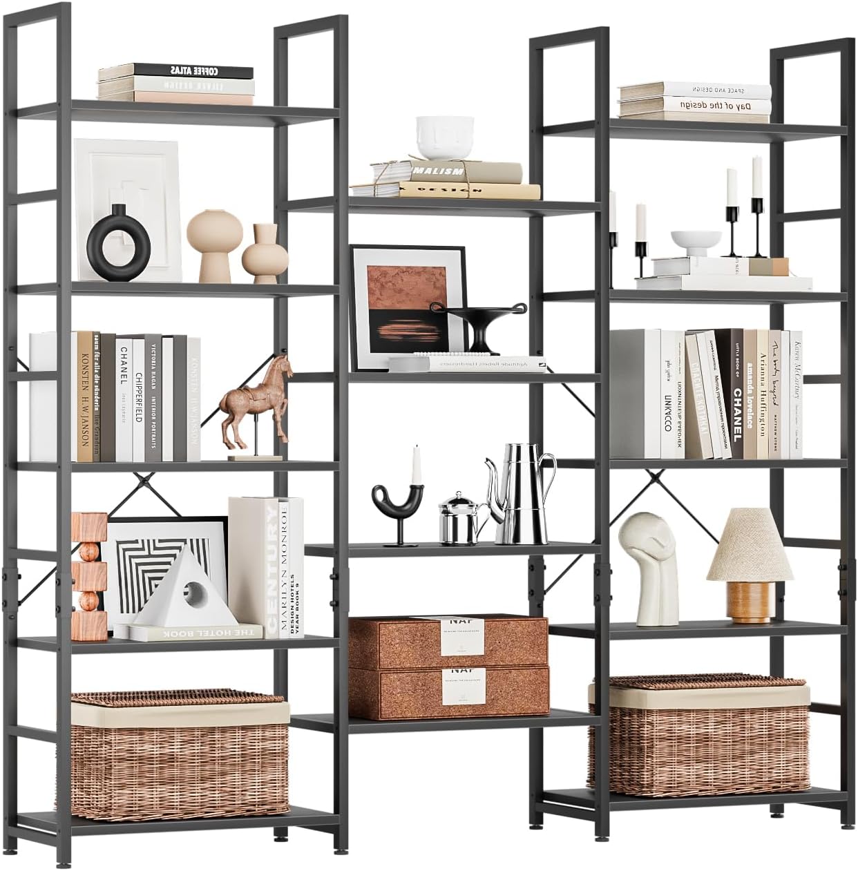 NUMENN Triple 5 Tier Bookshelf, Wide Book Shelf with 14 Open Display Shelves, Modern Tall Bookcase Furniture for Living Room Home Office, Black