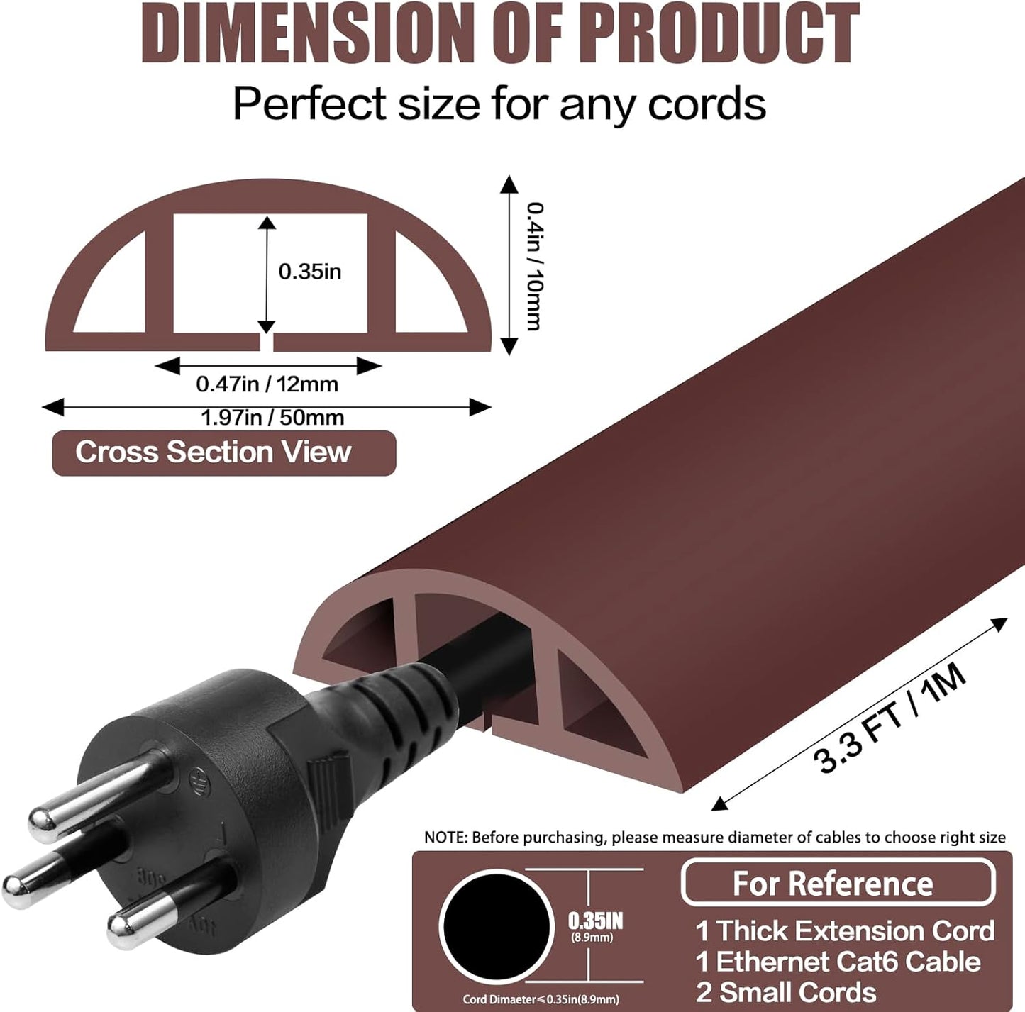 Floor Cord Cover Self Adhesive Cord Hider,3.3FT Cable Management, Extension Strip Protector for Wires, Prevent Cable Trips for Offices, Gyms, Exhibitions Cavity:0.47"(W) x 0.35"(H) Coffee