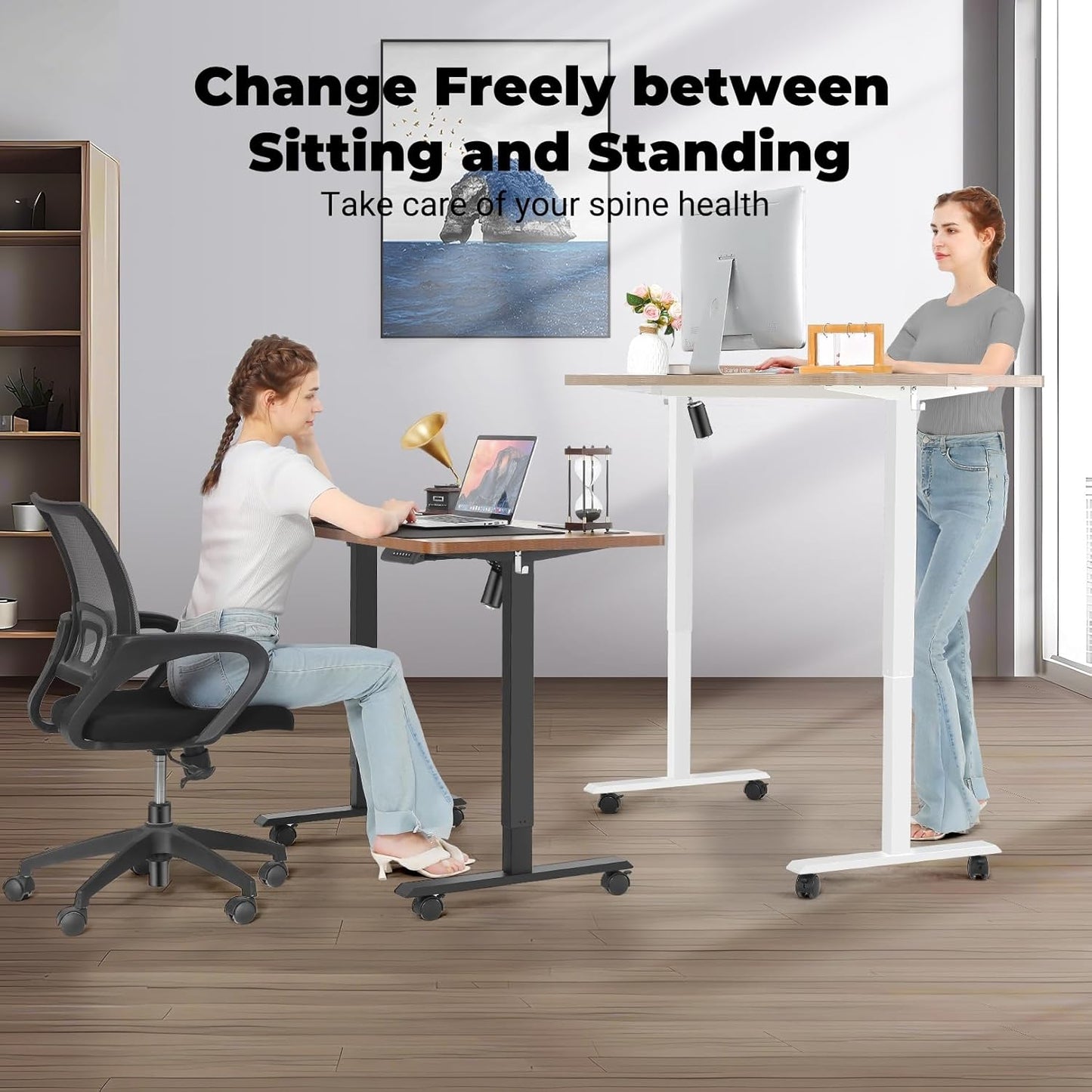 Electric Standing Desk 63 x 24 Inches Adjustable Height Ergonomic Sit Stand Up Desk Curved for Home Office Computer Workstation with 2 USB Ports 3 Power Outlets Memory Preset Wheels, Oak