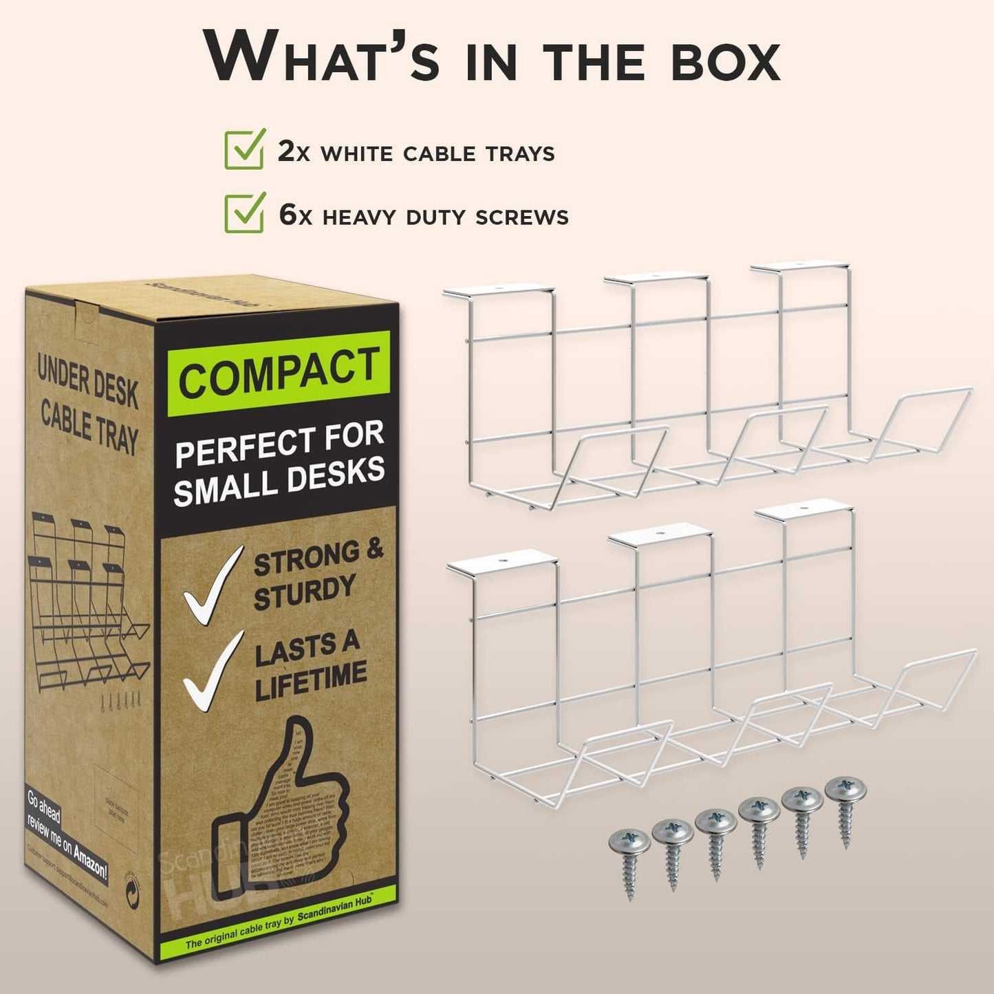 Compact Under Desk Cable Tray Organizer – Wire Management Set, White (2-Pack, 12")