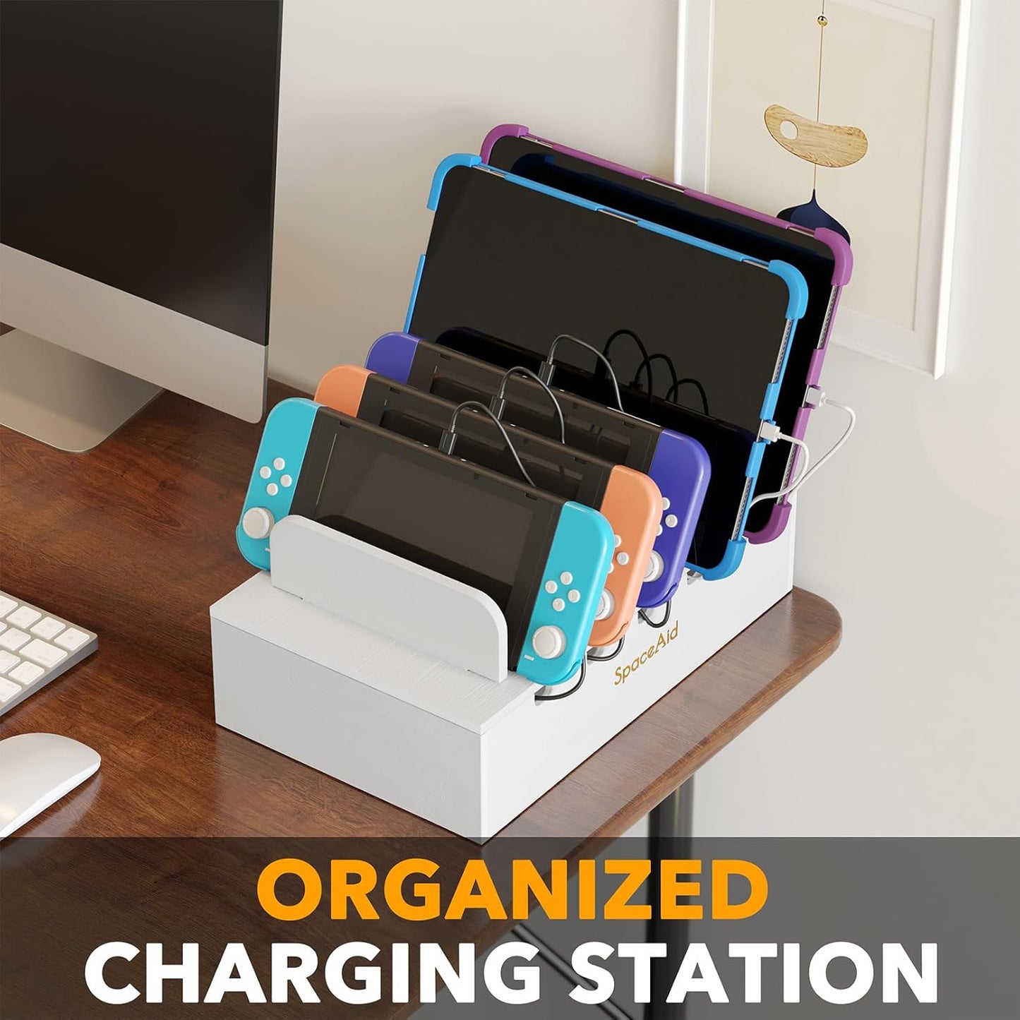 SpaceAid Bamboo Charging Station for Multiple Devices, Cell Phone Docking Stations for Multi Laptop, Tablets and iPads, Nightstand Bedside Desk Device Charger Organizer (White)