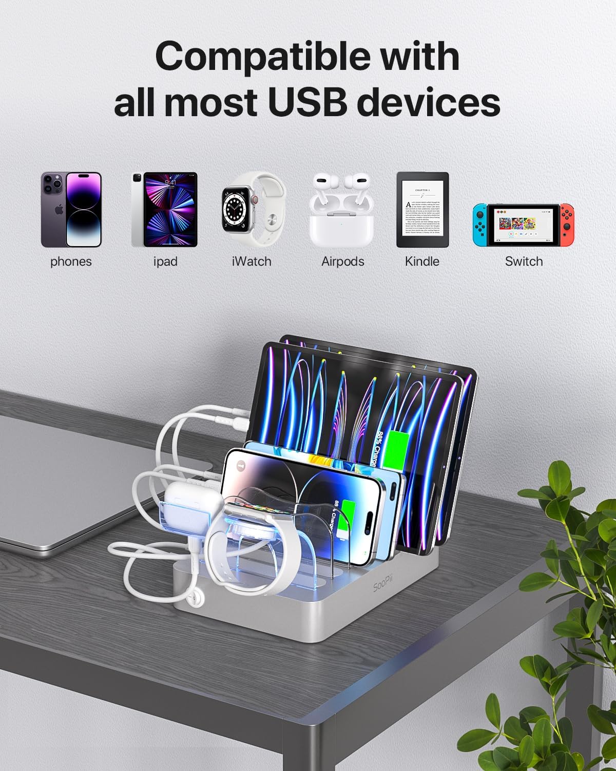 SooPii Premium 6-Port USB Charging Station Organizer for Multiple Devices, 6 Short Charging Cables and One Upgraded i-Watch Charger Holder Included, for Phones,Tablets and Other Electronics, Silver