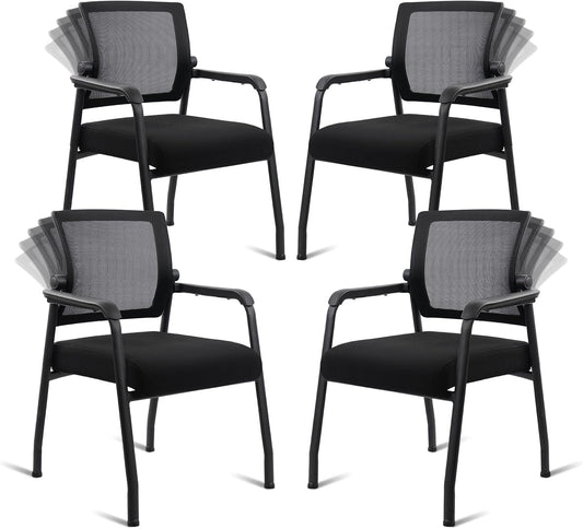 Desk Chair No Wheels with Adjustable Mesh Backrest, Arm Chair with Ergonomic Lumbar Support and Thickened Seats Cushion, Waiting Room Chairs for Office School Church Guest Reception, 4PACK