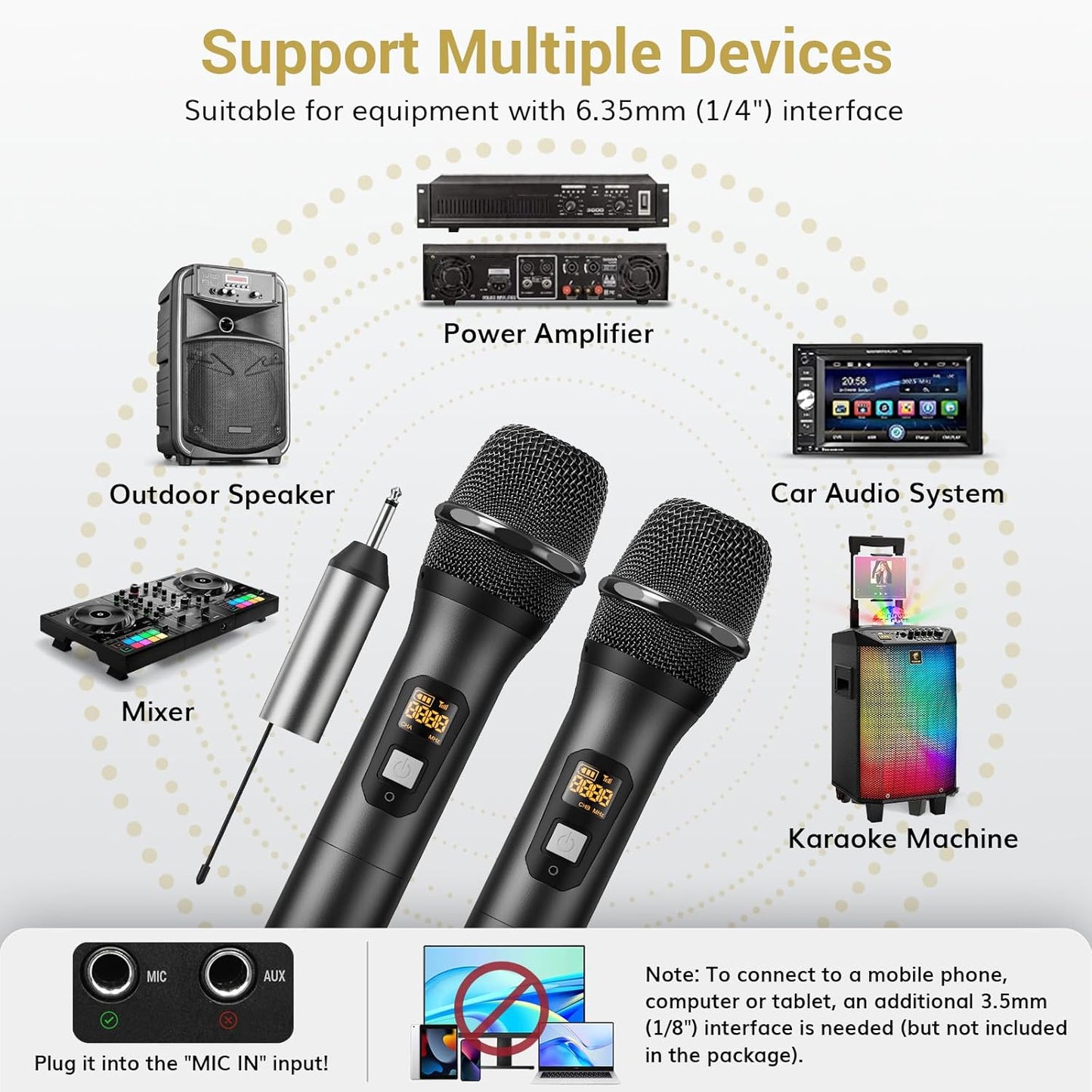 TONOR Wireless Microphones, UHF Metal Dual Cordless Dynamic Mic System with Rechargeable Receiver, Microfonos Inalambricos Professional for Karaoke Singing, Wedding, Speech, Church 200ft TW630 Black