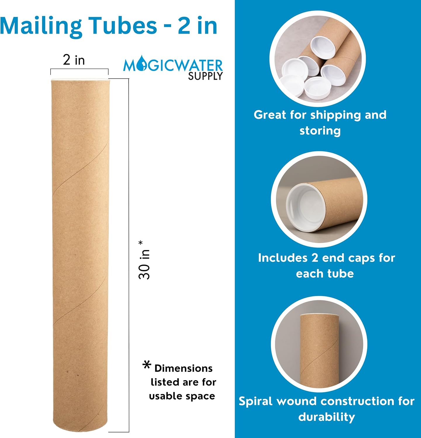 MagicWater Supply Mailing Tube - 2 in x 30 in - Kraft - 10 Pack - for Shipping and Storage of Posters, Arts, Crafts, and Documents