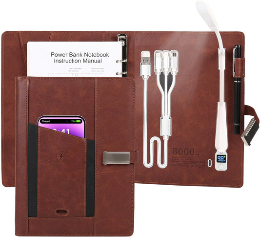 Notebooks for Work Leather&Refillable Notebook with Book Light,Traveler Notebook with 8000mAh Power Bank,Card Holder,16G Thumb Drive,Provide Pen and Gift Box,Business,School,Travel