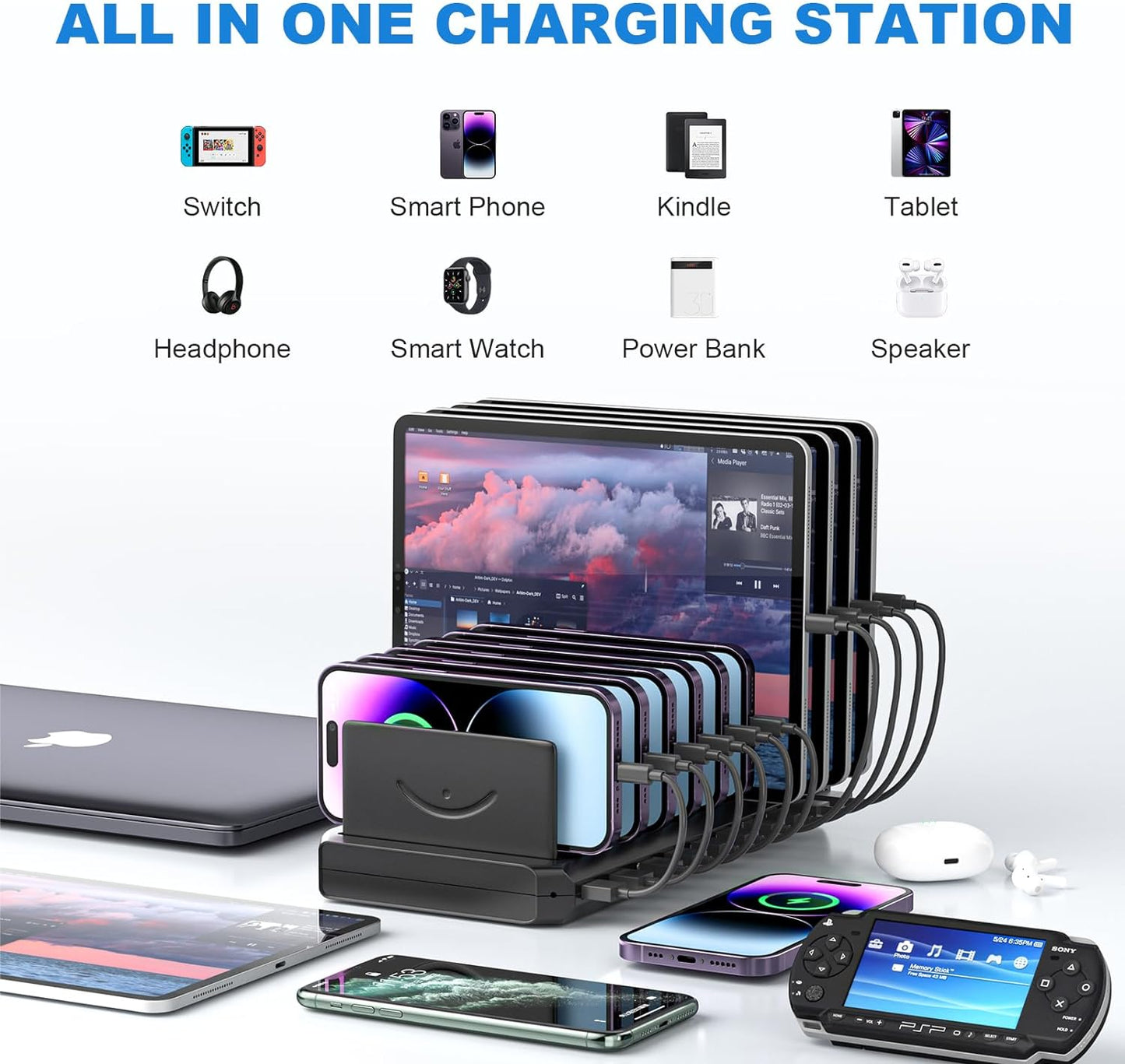 Charging Station for Multiple Devices, Cinlinso 60W 10 Port USB Fast Charging Station with Adjustable Dividers, Compatible with iPhone, iPad, Tablets and Cell Phone (Black)