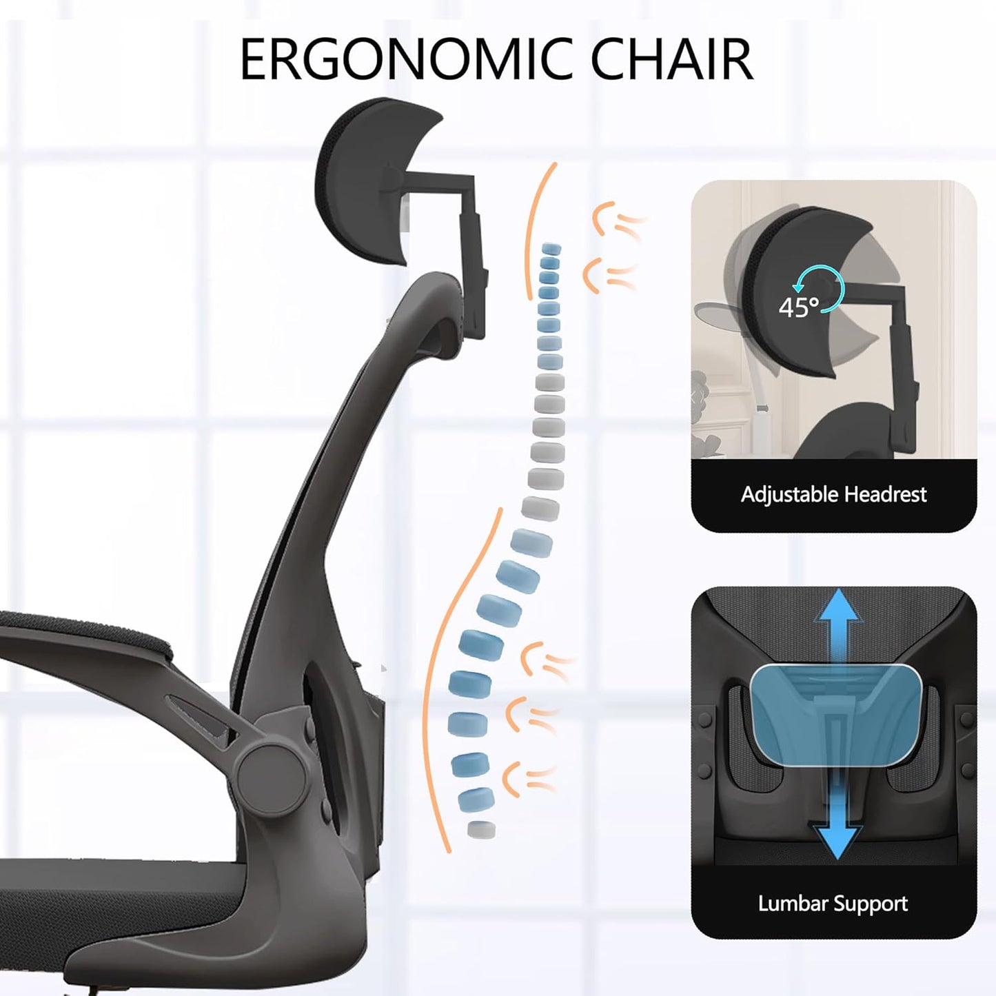 Ergonomic Office Chair, High-Back Mesh Computer Desk Chair with Adjustable Height, Lumbar Support, Flip-Up Armrests,headrest，and Swivel Rolling Design for Home and Office Use