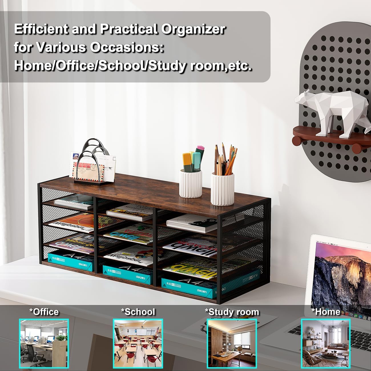 Mail Sorter Adjustable Holder, Countertop Literature Organizer, Student Mailbox for Classroom, Desktop Bill Paper Organizer for Office Home School, 12 Compartments, Brown