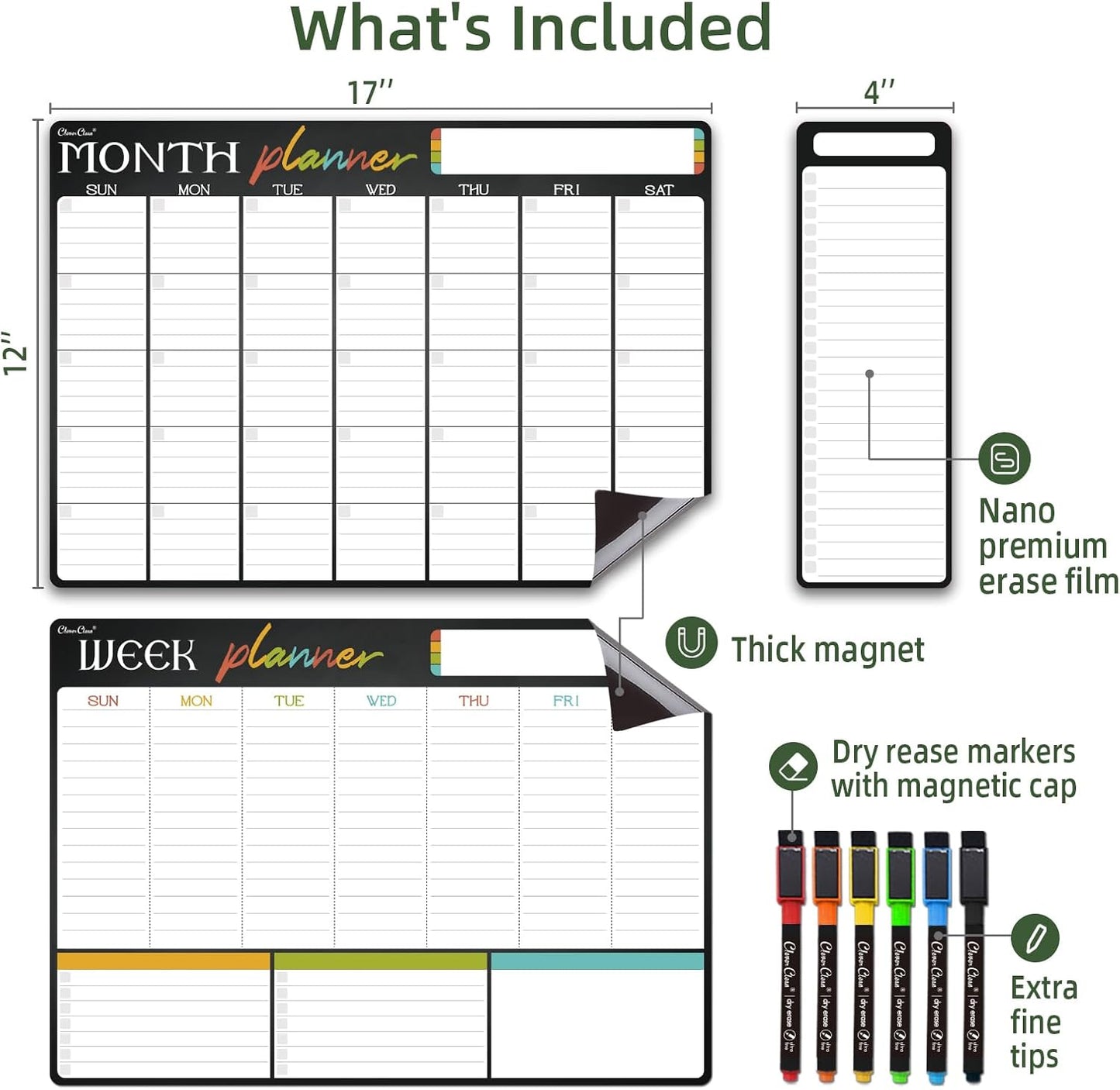 Magnetic Dry Erase Monthly Calendar Set - 17"x12" Monthly and Weekly Calendar, 4"x12" List Board for Fridge - 6 Extra Fine Point Markers Included - Shipped Flat