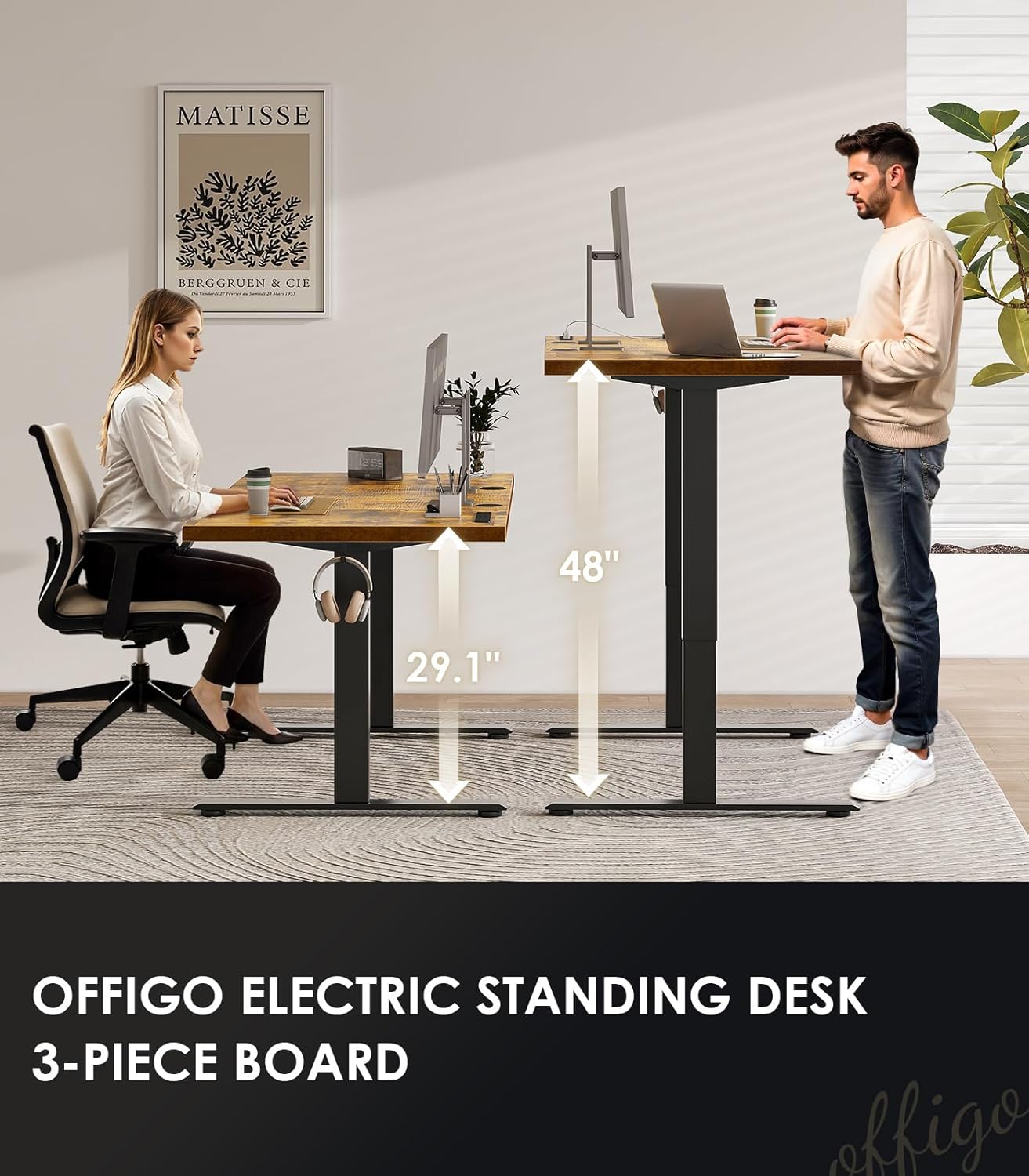 OffiGo Electric Standing Desk with 3-Piece Board, 71 Inch Height Adjustable Large Desk with Power Outlets, Sit Stand Table, Writing Computer Desk for Home, Office, Workstation, Rustic Brown