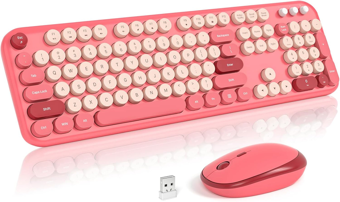 MOFII Wireless Keyboard and Mouse, Retro Typewriter Keyboard and Silent Mouse, 2.4GHz Full Size Keyboard and Mouse Wireless Combo for Laptop, PC, Desktop, Windows (Hot Pink)