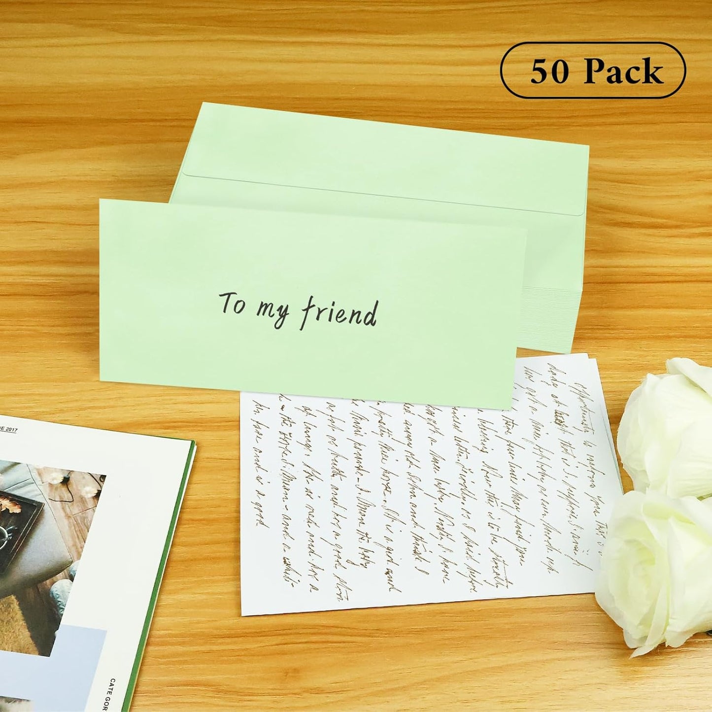 50 Pack #10 Business Envelopes, Light Green Standard Envelopes Self Seal, Letter Size Mailing Envelopes for Checks Letters Invoices Statements Christmas Birthday Graduation Wedding, 4 1/8 x 9 1/2 Inch