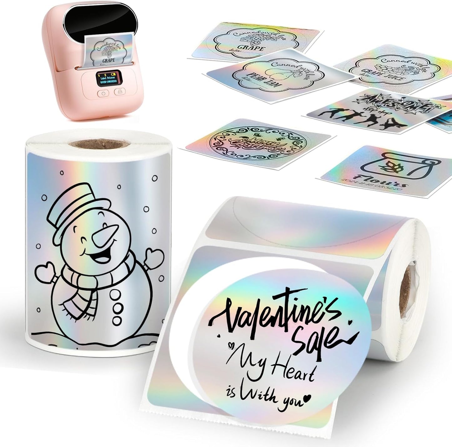 HuiJuKeJi 2 Rolls Holographic Silver Thermal Labels Paper for Phomemo M110 M200 M220 M221,50x50MM Round＆Square,Waterproof Self-Adhesive Mini Printer Laser Stickers for DIY Glitter Labels/Thanks Card