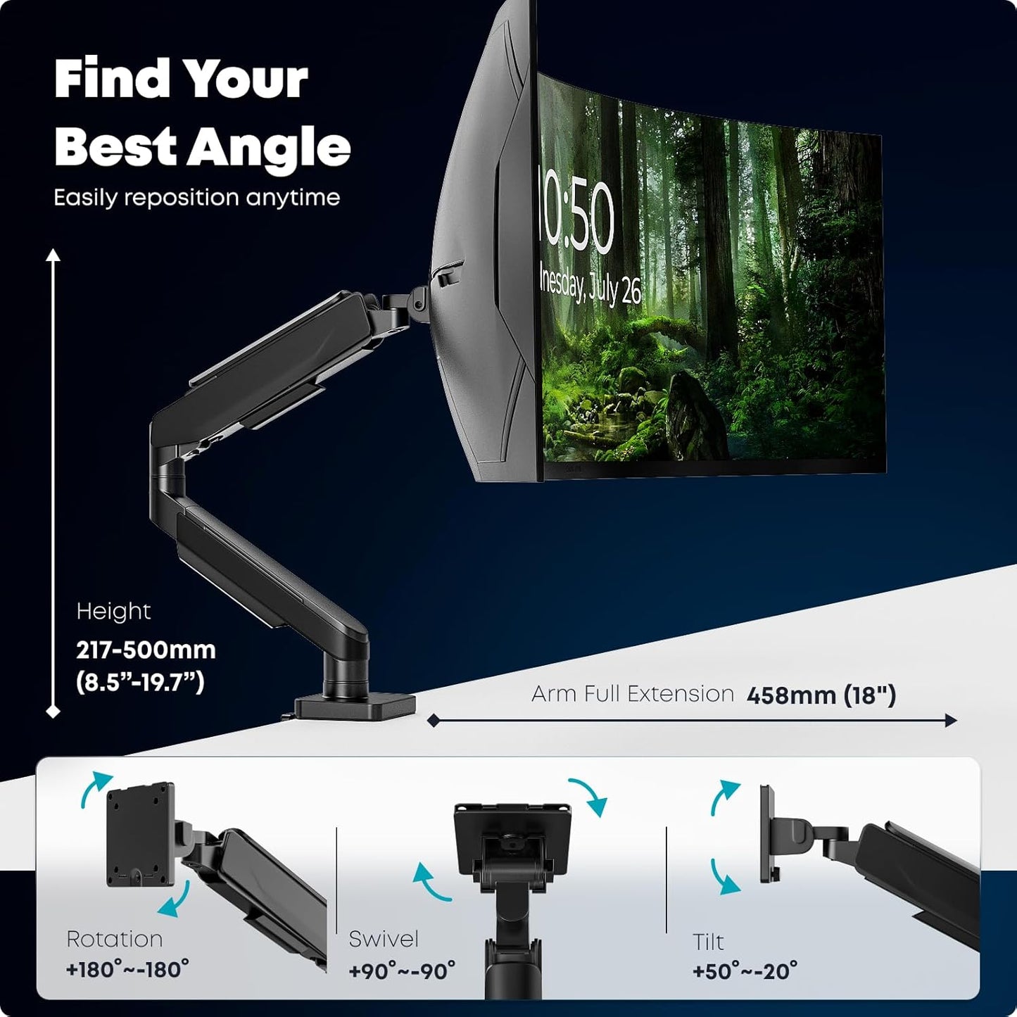 Heavy Duty Monitor-Arm for 17"-49" Ultrawide - Aluminum Full Motion Single Monitor Arm Desk Mount for Office & Gaming, Adjustable Gas Spring, Ergonomic, VESA 75/100 mm, Max Load 44lbs, Black