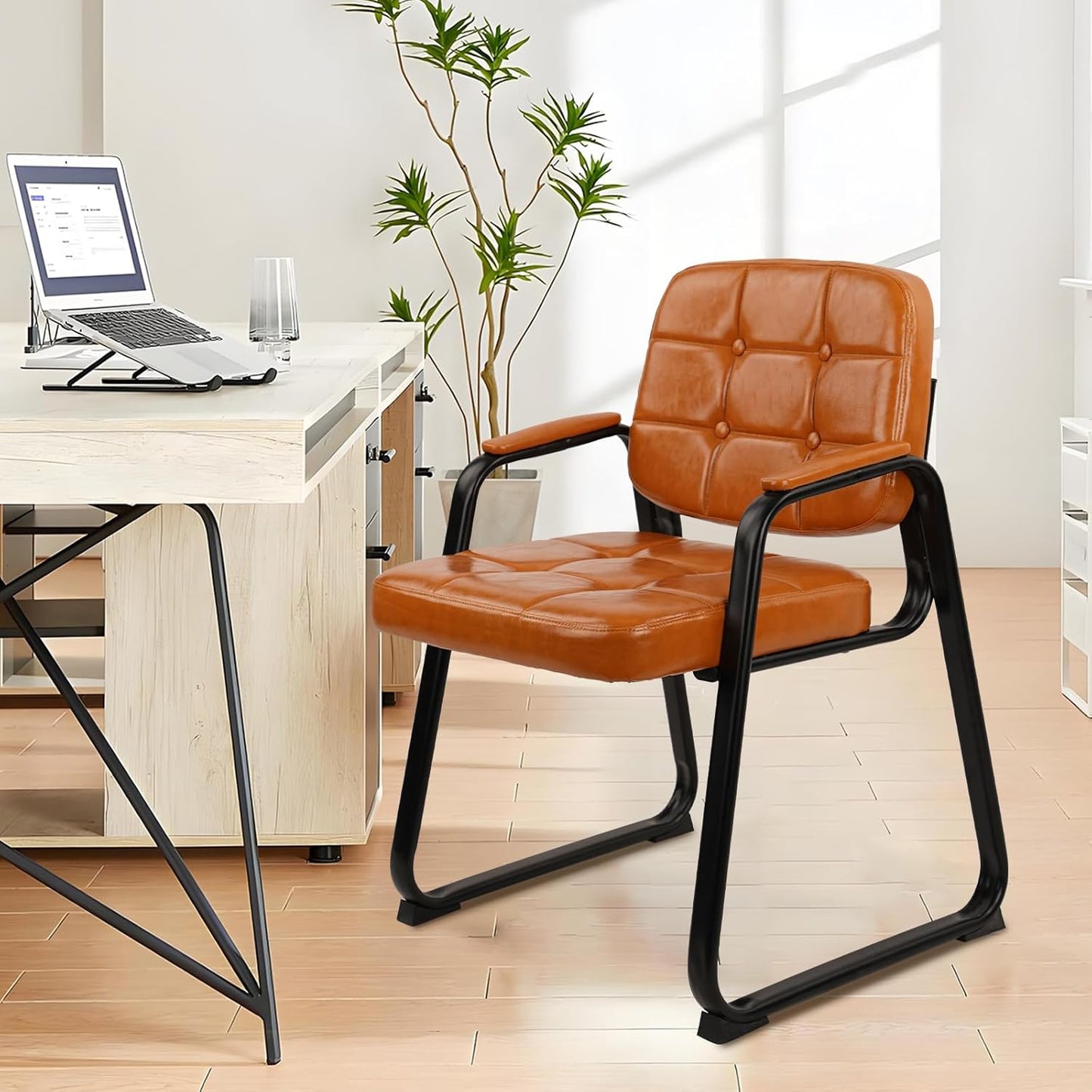 CLATINA Office Guest Chair, Leather Reception Chairs with Padded Arms, Desk Chair No Wheels Stationary for Conference Lobby Waiting Room Training Side Elderly, Set of 2-Orange