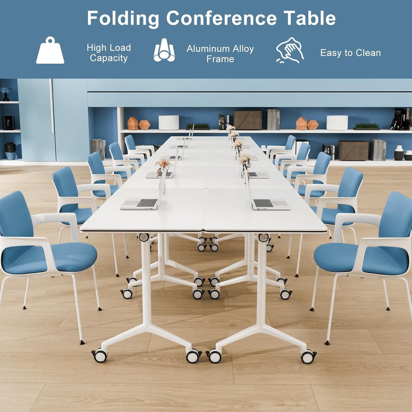 6Pack Folding Conference Room Table, Modern Conference Tables with Silent Wheels, Large Rectangular Mobile Training Tables for Office Classroom, Foldable Modular Seminar Table White (L63in)