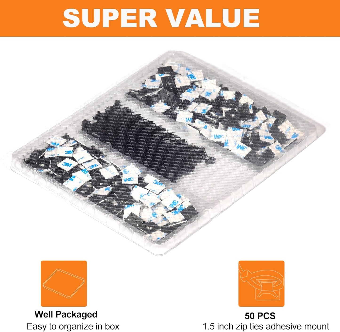 50 Pack 1.5 inch Zip Tie Adhesive Mounts Self Adhesive Cable Tie Base Holders with Multi-Purpose Tie wire clips with screw hole,Anchor stick on wire holder with 8 inch zip ties（Black）