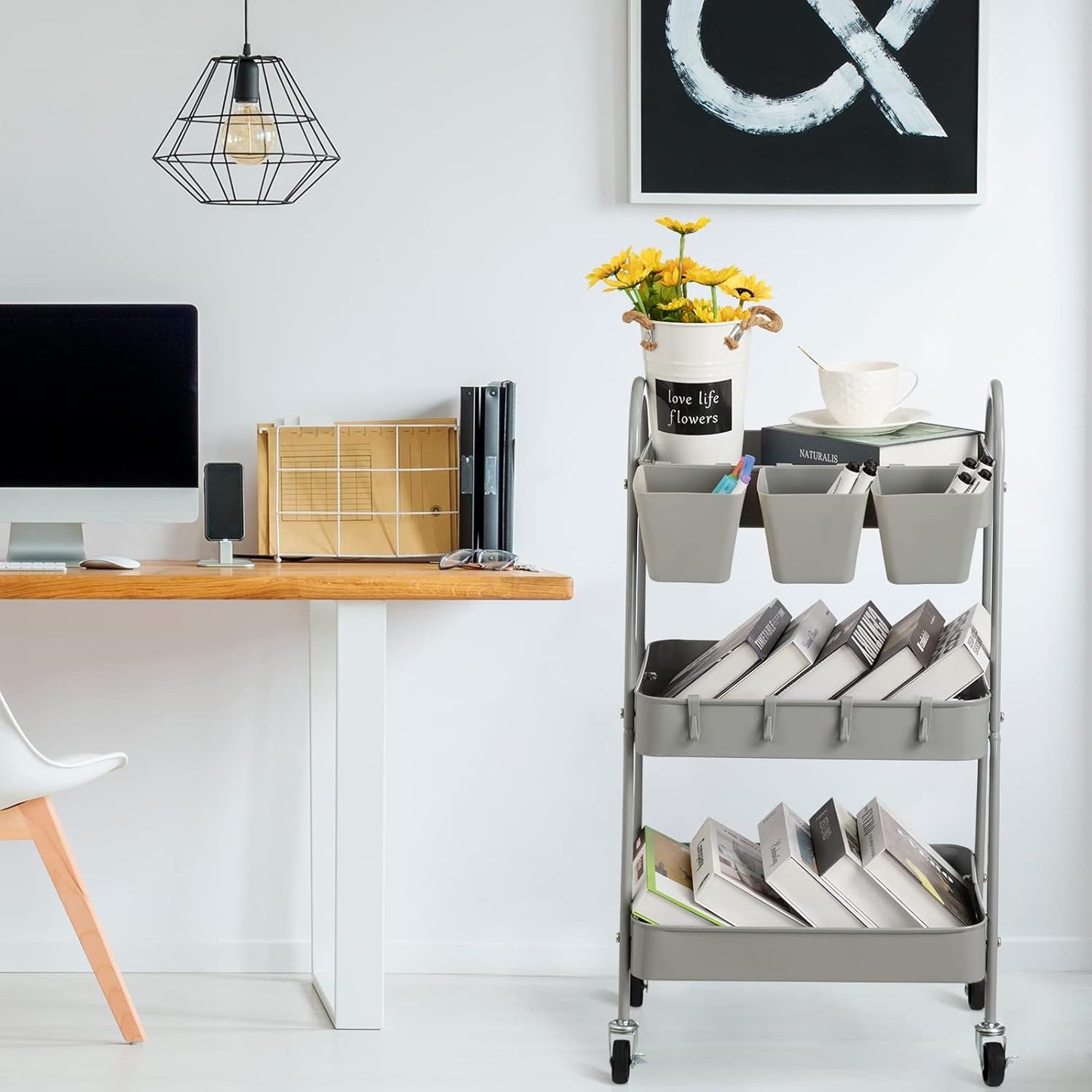 danpinera 3-Tier Rolling Cart, Metal Rolling Storage Cart with Lockable Wheels & Hanging Cups & Hooks, Mobile Trolley Cart for Kitchen, Bathroom, Office, Workshop, Gray