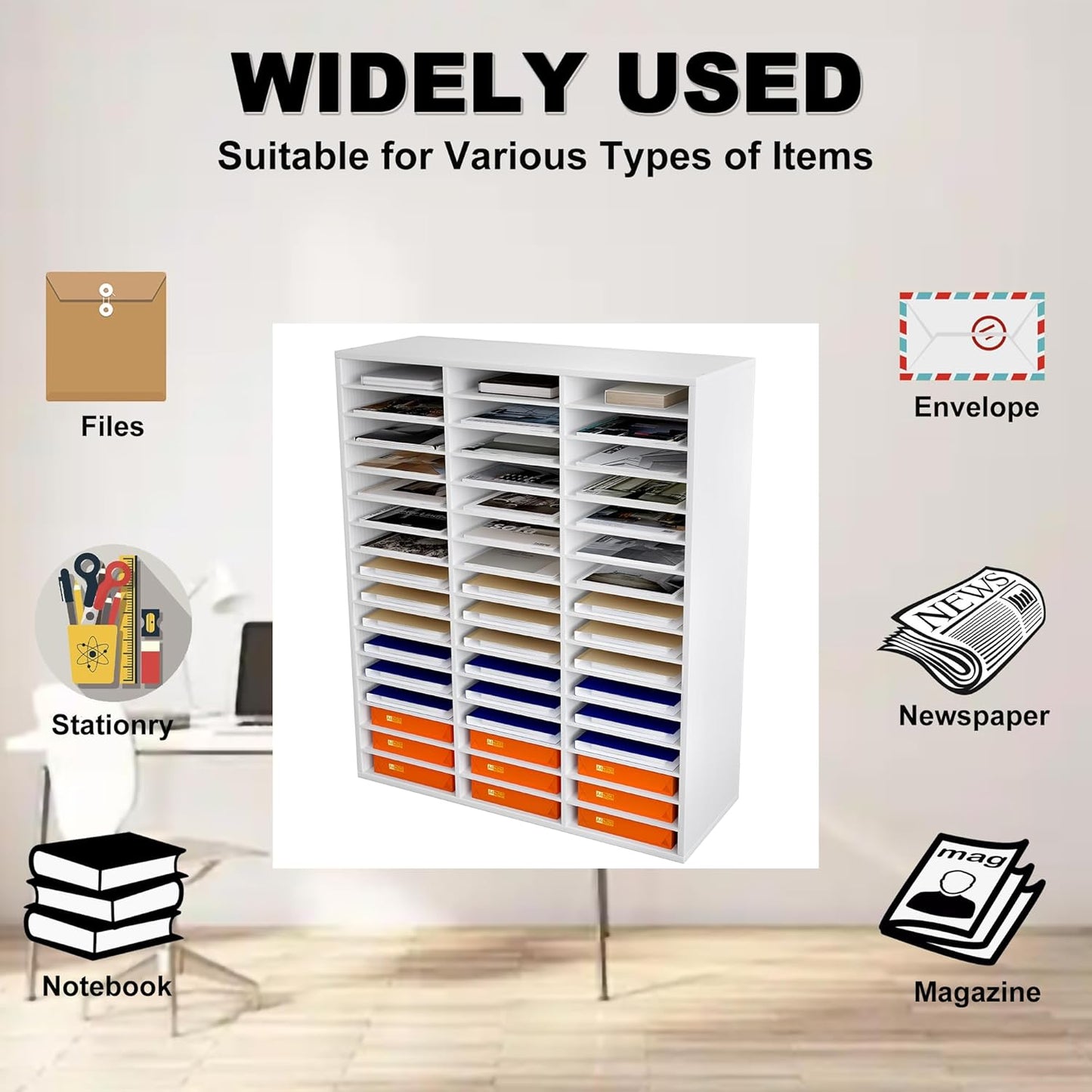 Mail Sorter Wood Literature Organizer, Student Mailbox for Classroom, Desktop Bill Paper Organizer for Office Home School, 48 Compartments, Black