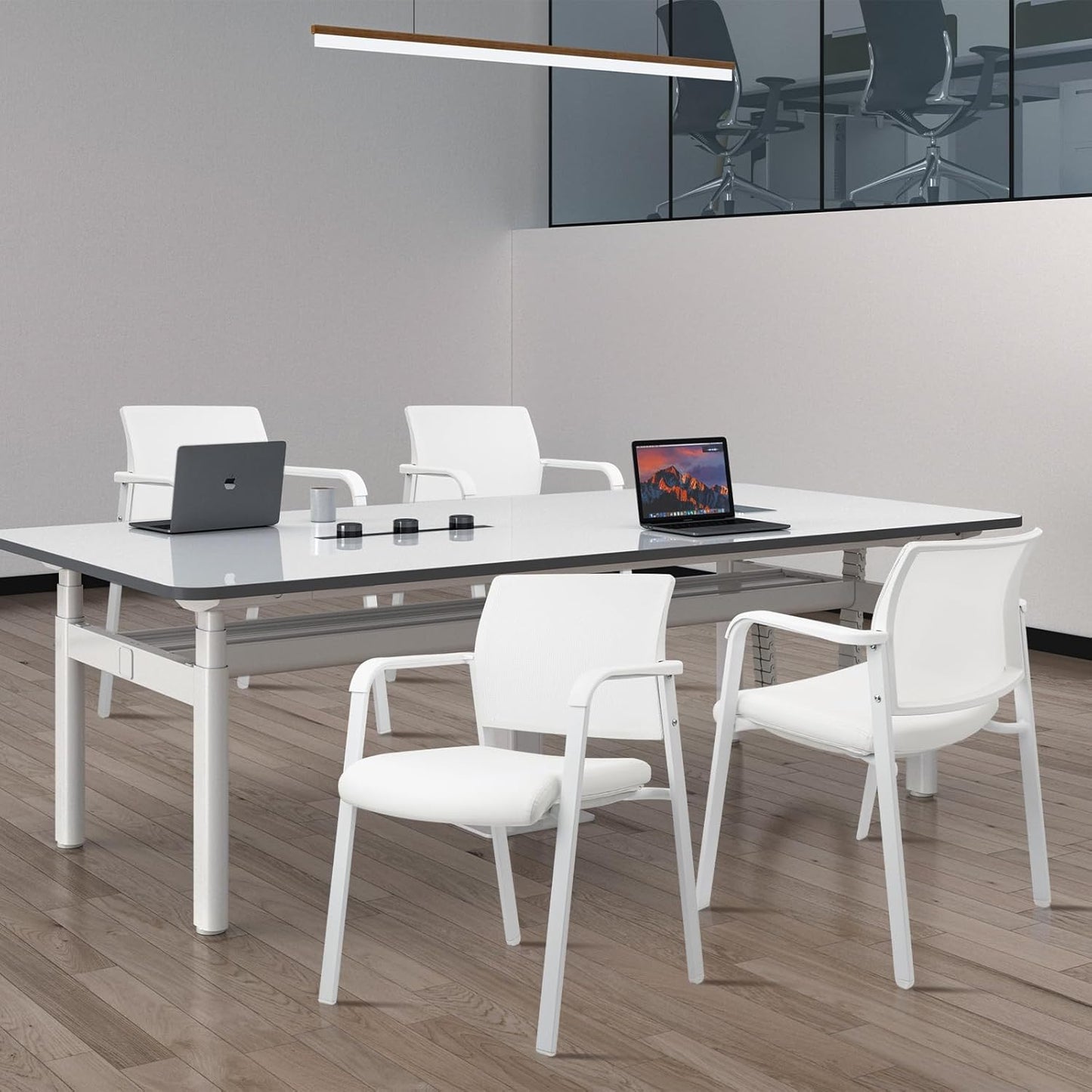 CLATINA Stacking Office Chairs | Mesh Back, Thicken Leather Seat and Arms, Ergonomic Lumbar Support | Guest Reception, Waiting, Conference, School, Party, Customer, Side, Stationary | Set of 4, White