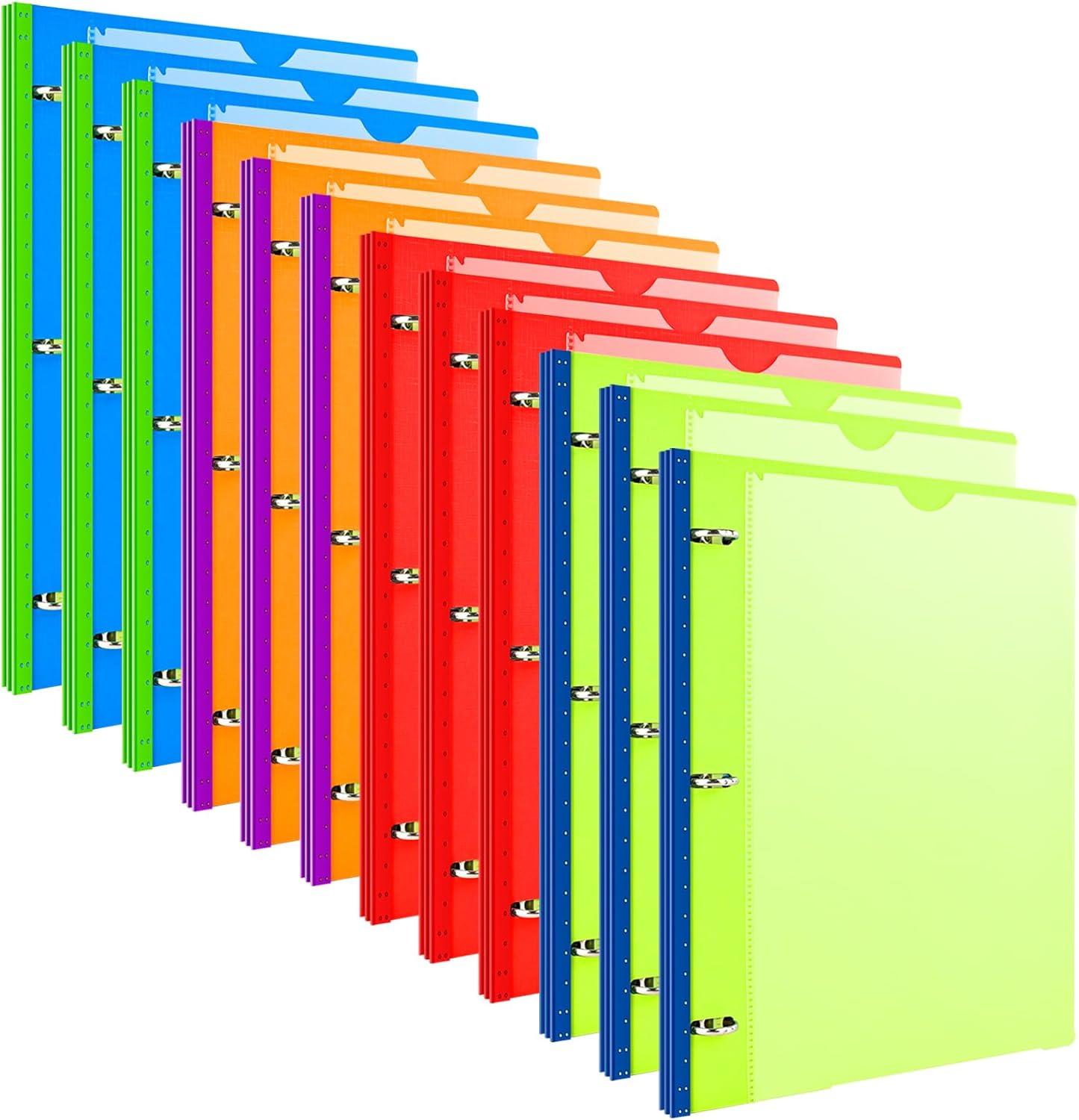 INFUN Telescoping 3 Ring Binder - 12 PCS, Flexible Round Binder with Customizable Front Cover and Clear Catalog Pocket, Holds 8.5x11 inch Paper- Green, Red, Orange, Blue