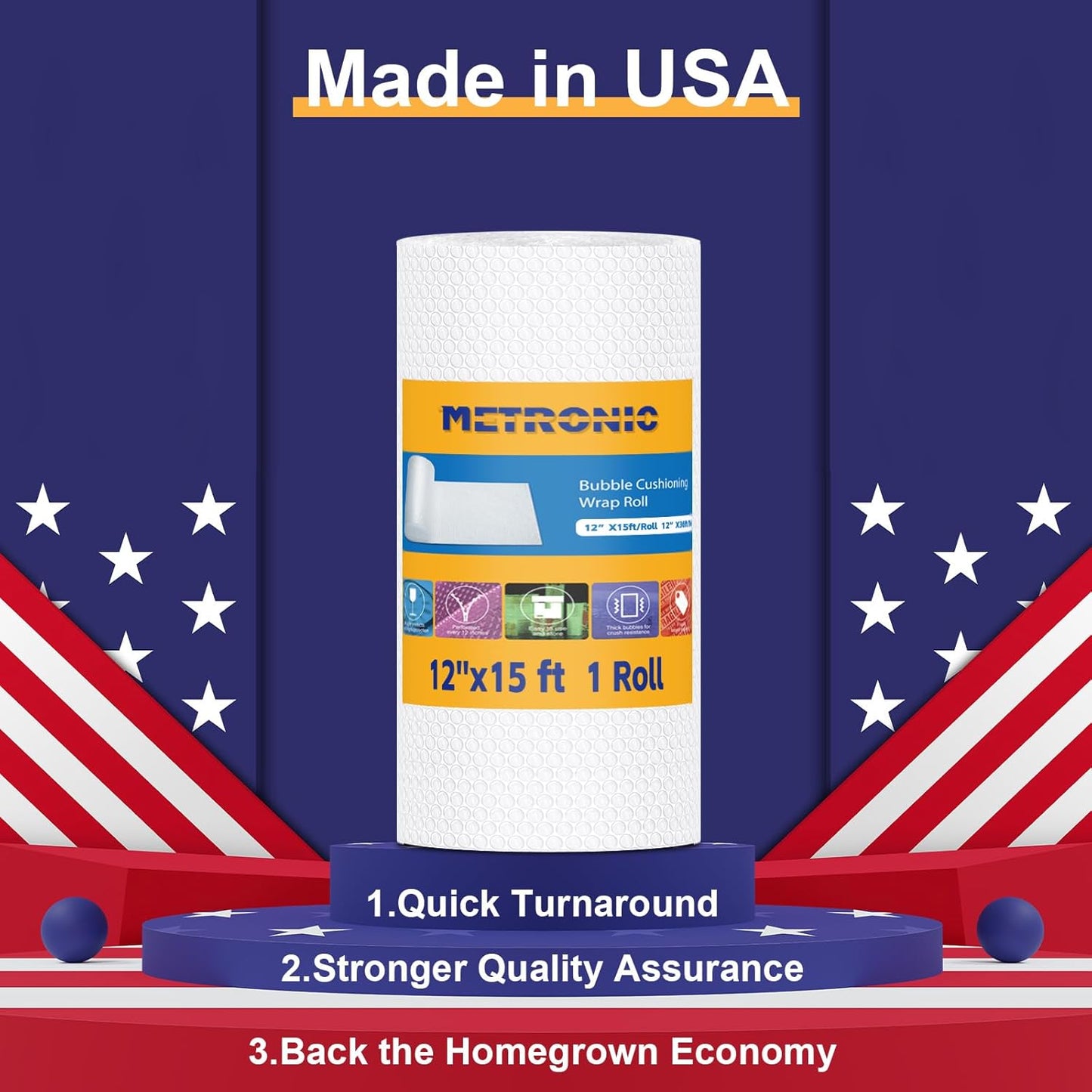 Metronic Bubble Cushioning Wrap 1 Pack 12 Inch x 15ft Total, Dense Bubble Packing Air Wrap Clear Bubble Packing Roll for Shipping and Moving Supplies