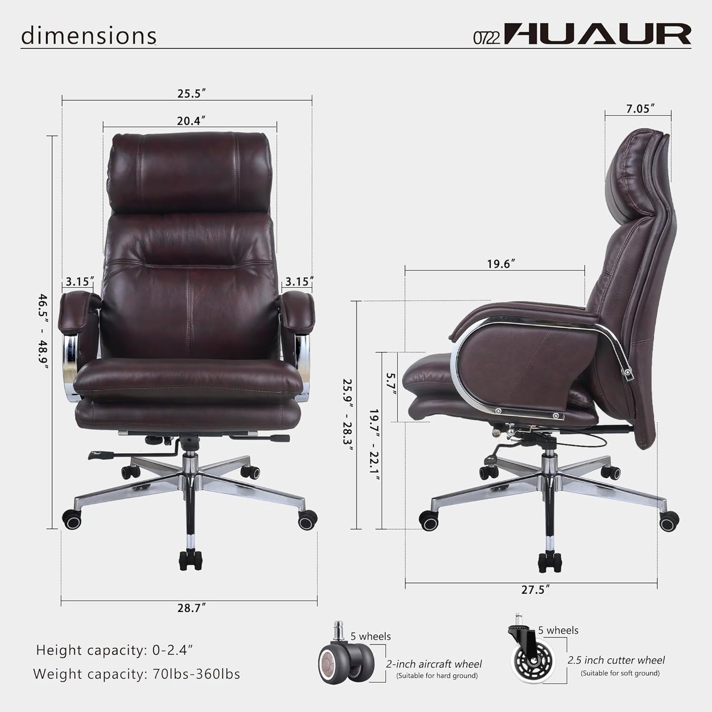 Genuine Leather Modern Executive Chair High-Back Support 90 to 150 Degrees Tilt and Upholstered Home Desk Chair with Base 360LB Capacity Swivel Computer Office Chair (Brown)