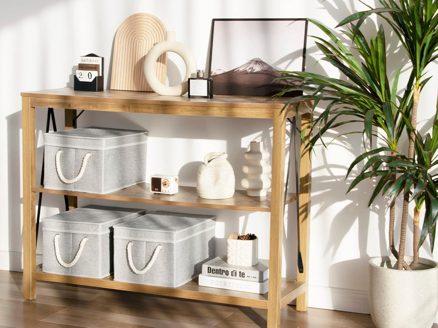 StorageWorks Large Storage Bins with Lids, Decorative Storage Boxes with Lid and Soft Rope Handles, Foldable Storage Baskets for Closet, Shelves, Stackable, Gray, 3-Pack