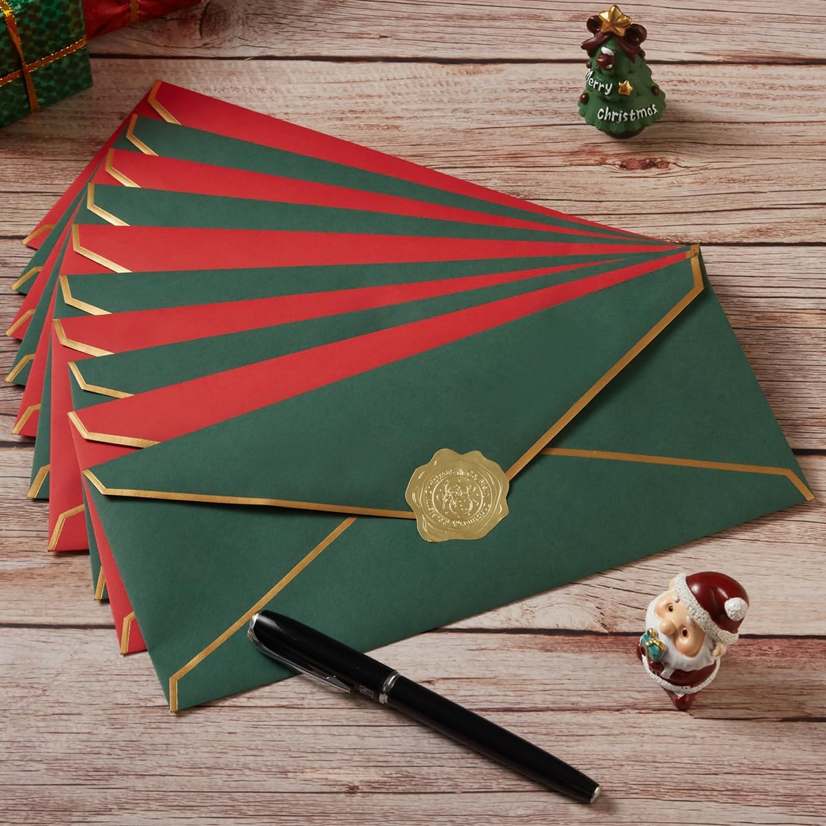 30 Pack Christmas Thick #10 Business Envelopes with Gold Border, 4 1/8 x 9 1/2 Thick Paper Standard Envelopes with Stickers for Office, Checks, Letter Mailing, Invoices (Christmas Green Red)