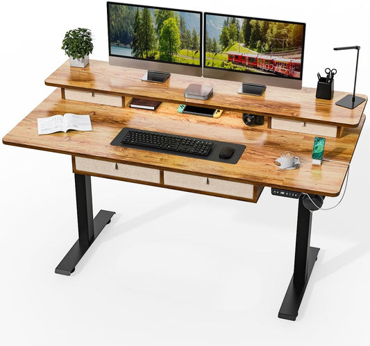 Standing Desk with Fast Charging USB Ports, 63" x 30" Height Adjustable Home Office & Gaming Desk, Sit Stand Desk with Built-in Storage Shelf, Hook & Ergonomic Design(Light Rustic)