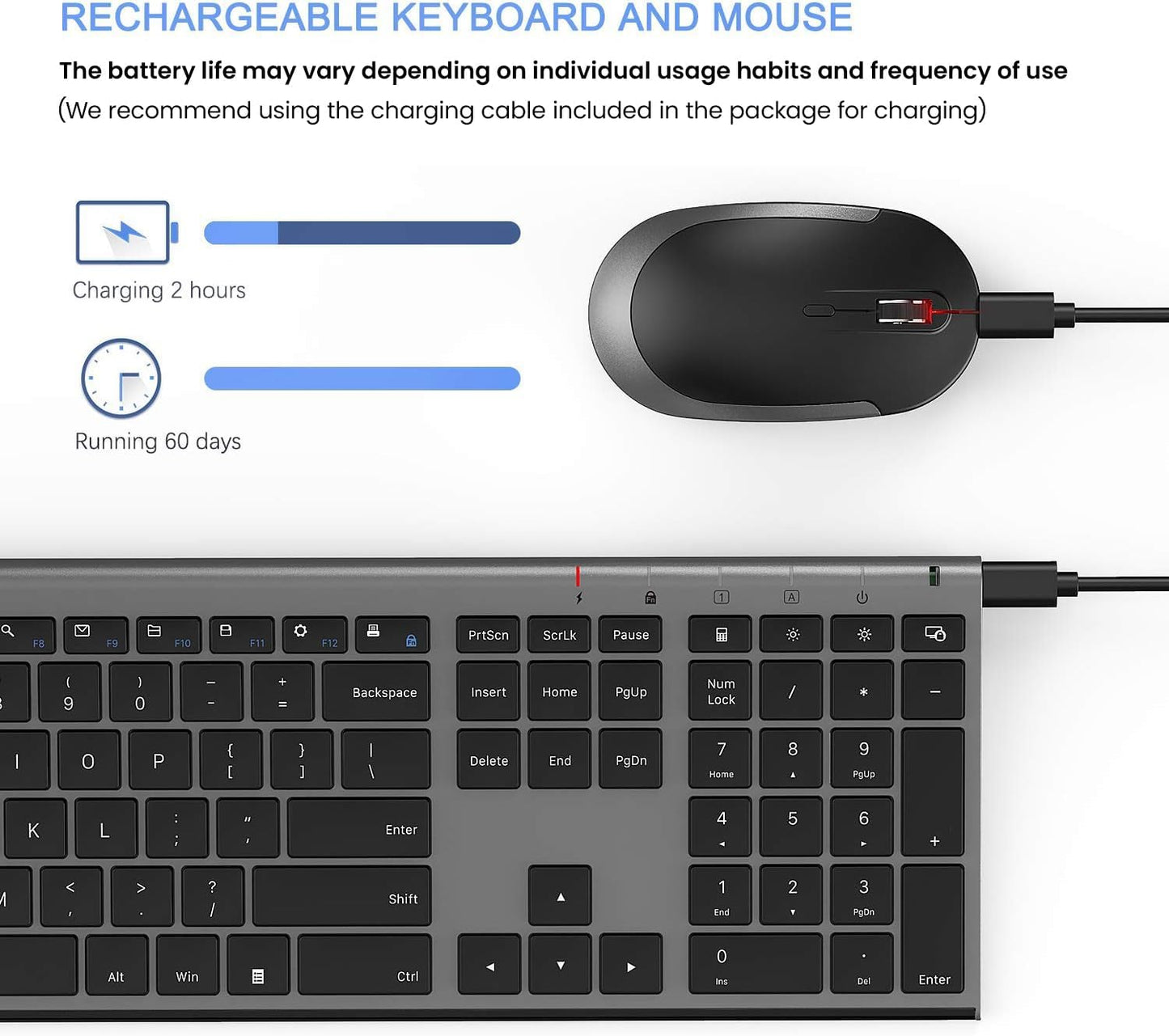 Wireless Keyboard and Mouse, Vssoplor Rechargeable Quiet Full-Size Keyboard and Mouse Combo Set Ultra Slim Design for Laptop, PC, Notebook, Desktop-Dark Gray