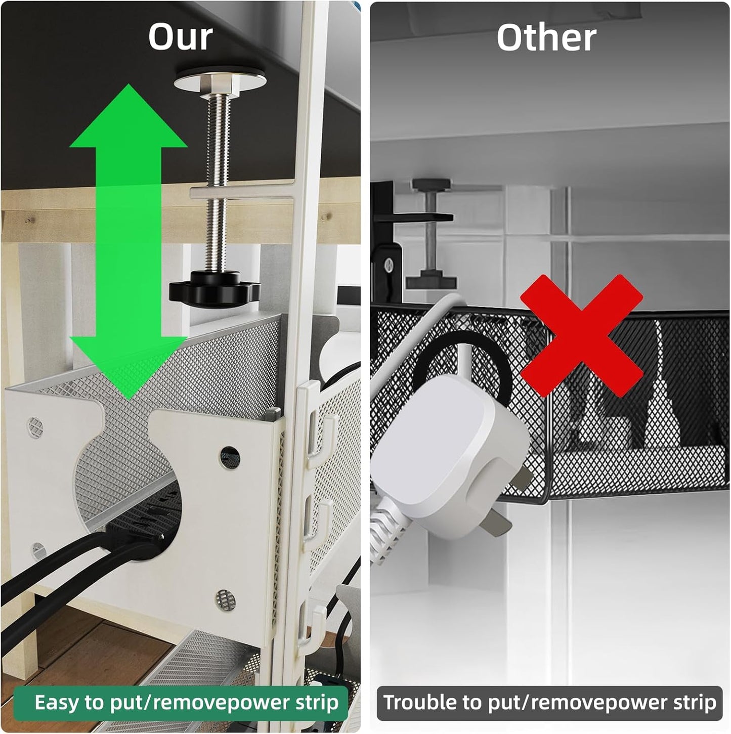Multi-Model Under Desk Cable Management 2 Pack Metal Under Desk Wire Management Tray Clamp Mount Under Table Cord Management No Damage The Desk White