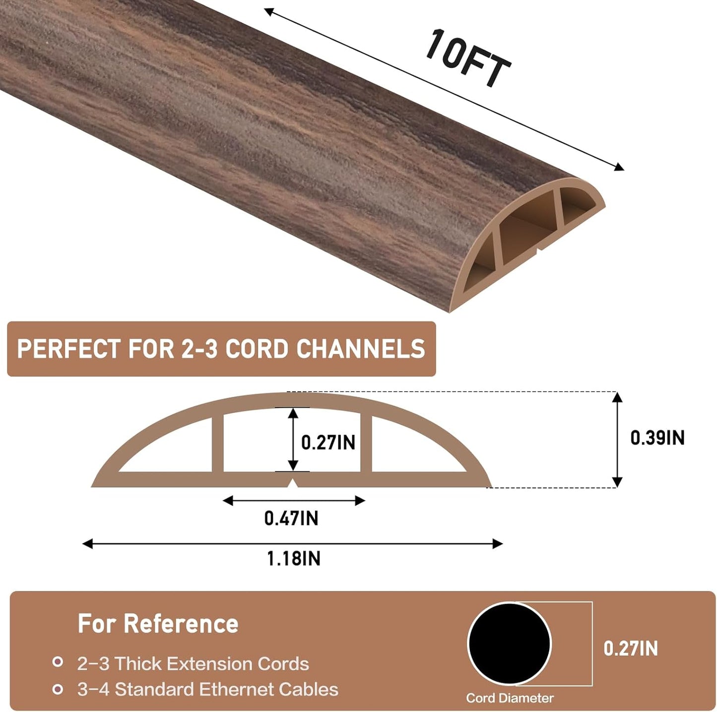 Floor Cord Cover Self Adhesive Cord Hider Floor Extension Cord Covers for Floor Power Cord Protector Cable Management Prevent Cable Trips Cable Cavity 0.47" W x 0.27" H (Smoked Brown Wood, 10Ft)