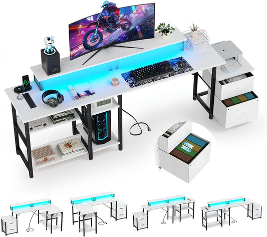 YOUNGAR 69.3" Home Office Desk with Storage, Reversible L Shaped Computer Desks, Corner Gaming Office Desk with 2 File Drawers&Power Outlet, White