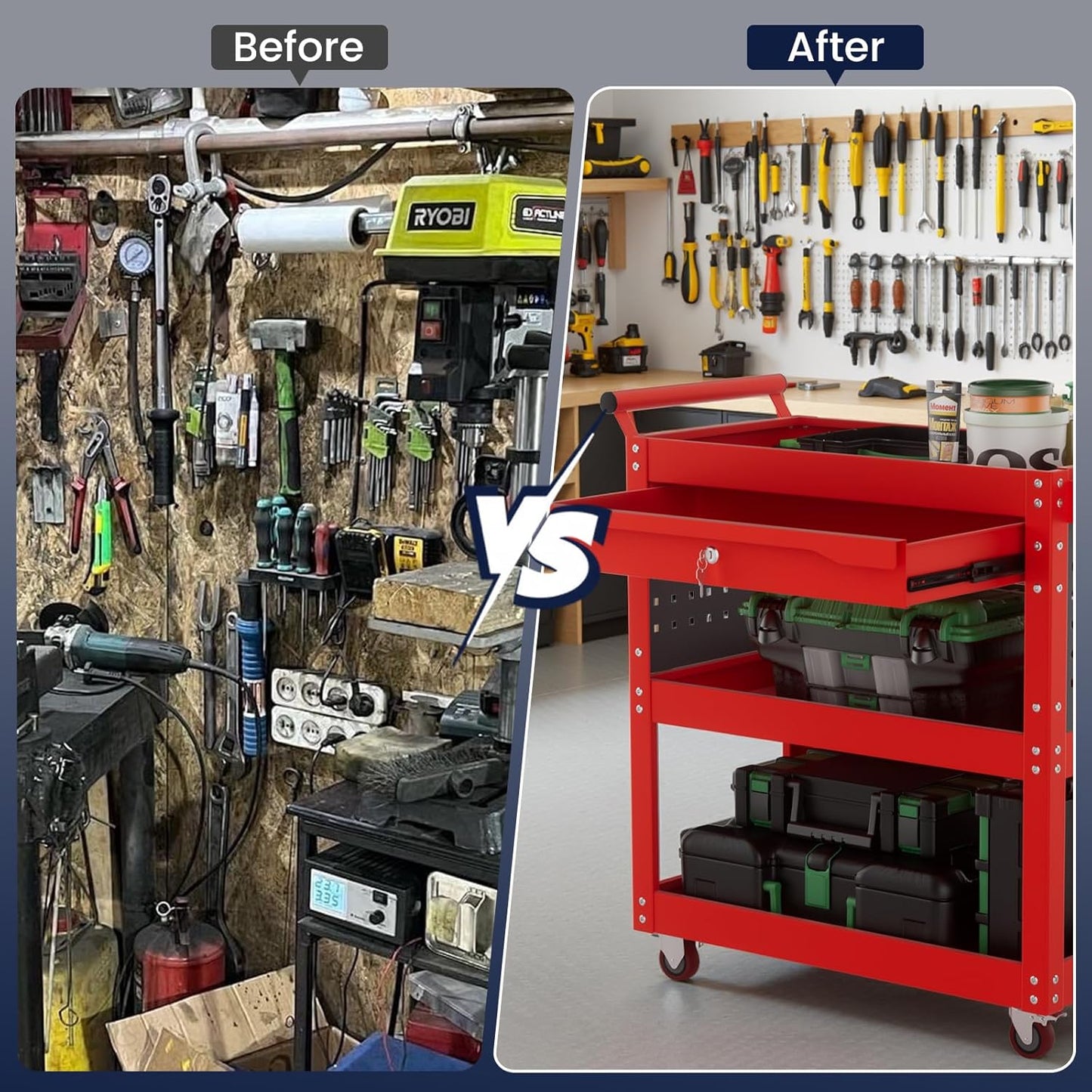 ALANNG 330 LBS Rolling Tool Cart with 1 Drawer & 3 Shelves | Heavy Duty Mechanic Cart Includes 7 Hooks, 2 Pegboards & Screw Organizer | Metal Service Cart for Garage Workshop (Red)