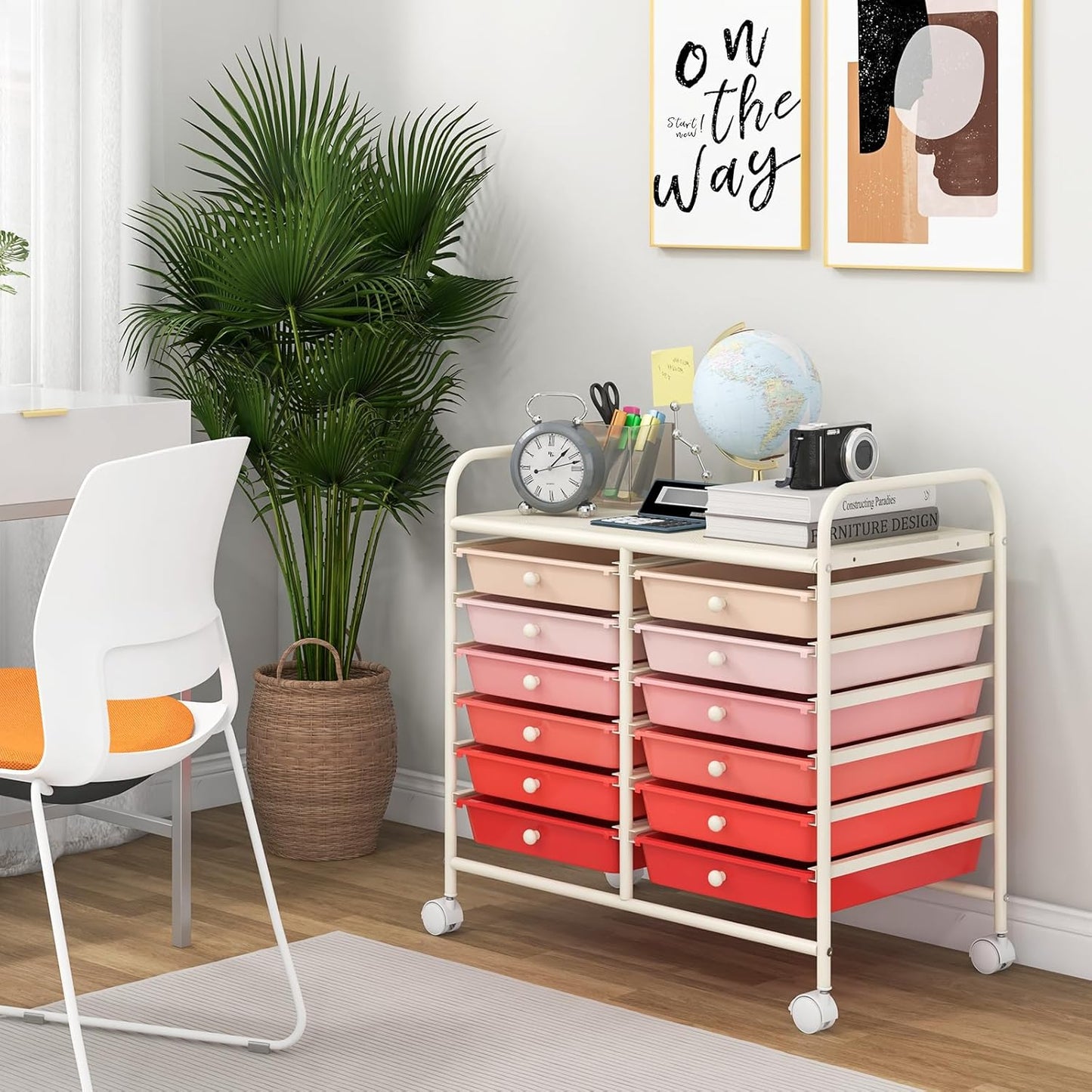 Giantex 12 Drawers Rolling Cart, Mobile Storage Drawer Cart, Classroom Organizer Cart for Office School Supplies Tools Scrapbook Paper Craft Small Printer, Utility Cart on Wheels, Pink Gradient