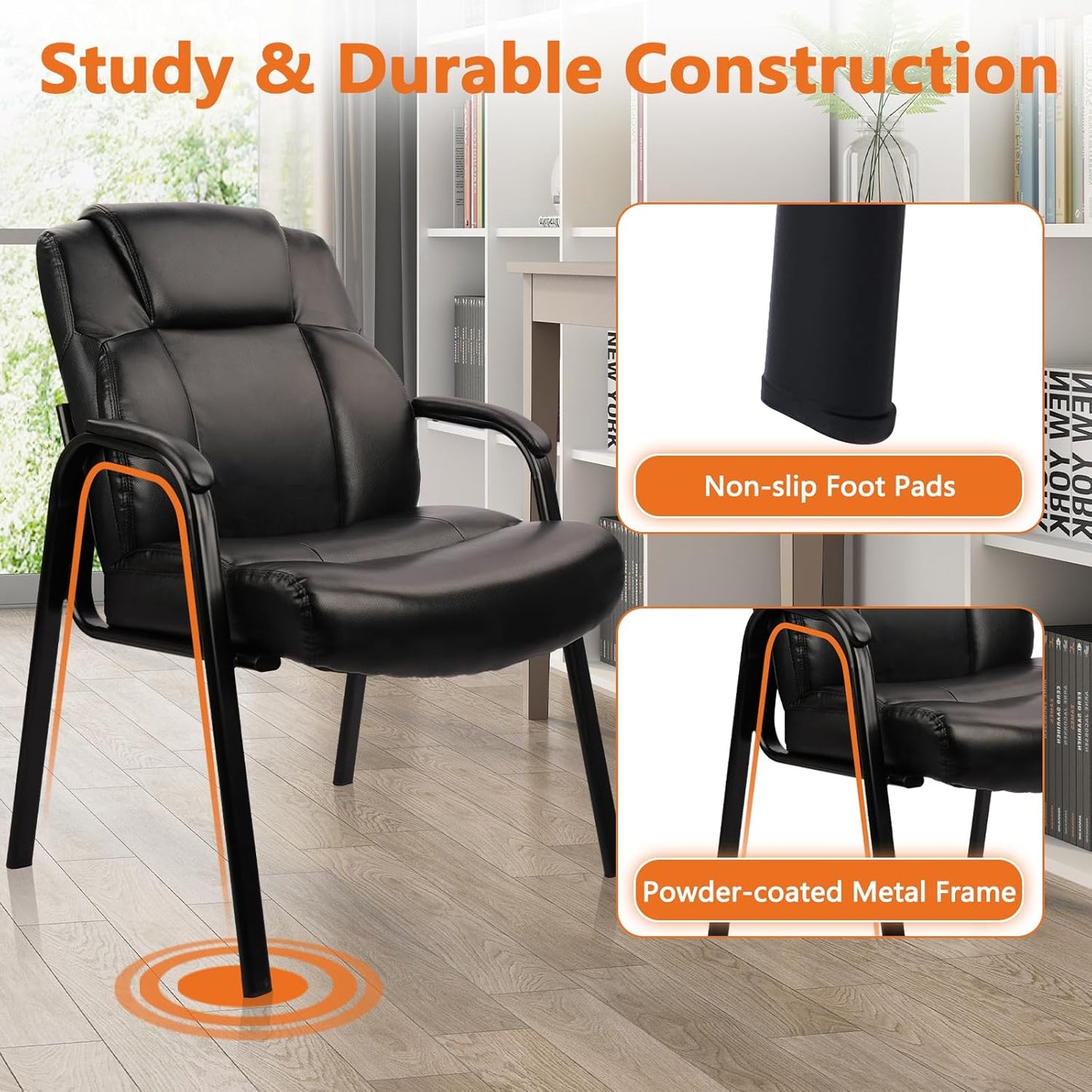 CLATINA Big & Tall 500 lb. Guest Chair, Leather Reception Chairs with Padded Arm Rest for Waiting Room Office Home and Meeting Conference-Black, 2 Pack