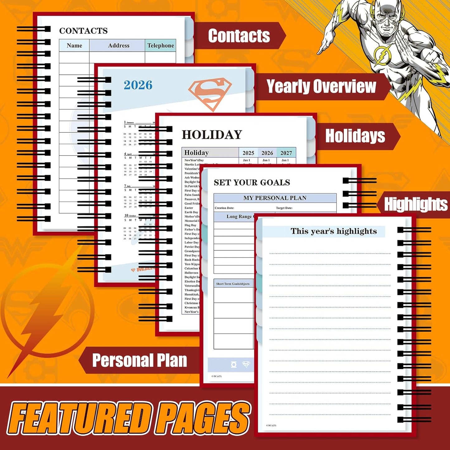 Cool Hero Academic Planner, Weekly Monthly Daily Agenda, Custom Date Organizer for Junior，Senior Students, Spiral Bound Notebook with Colorful Tabs,Datebooks for Time Management (Red and Yellow)