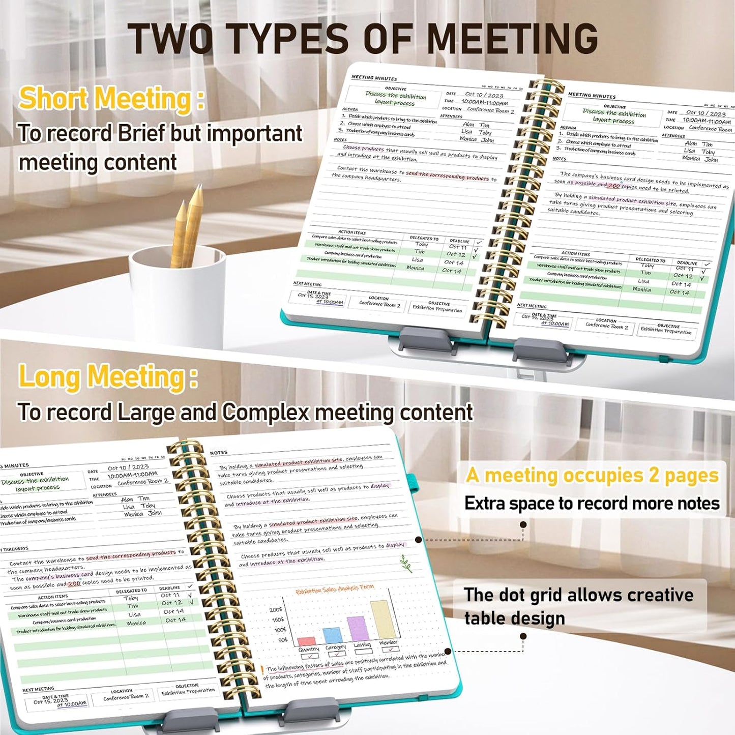 WEMATE Meeting Notebook for Work B5 (7"x10") - PU Leather Work Notebook with Agenda, Action Items & Notes - 200 Pages for Men&Women, Staff and Students, Meeting, Projects Planning - Green