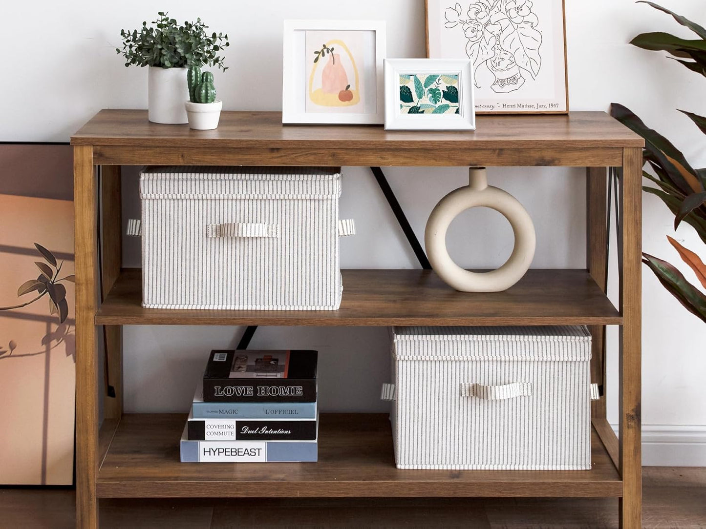 StorageWorks Fabric Storage Bins with Lid, Decorative Storage Boxes for Shelves, Stackable Closet Organizer Basket with Handles, Large, Gray and White Stripes, 2-Pack