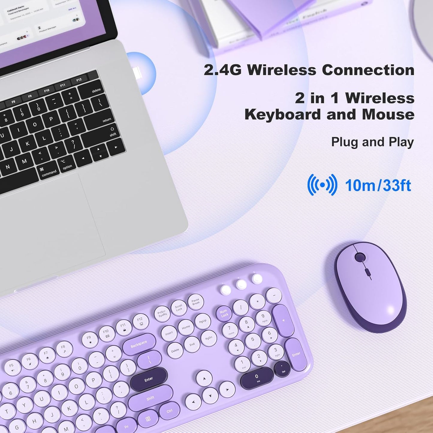 Wireless Keyboard and Mouse, 2.4Ghz USB Retro Full Size Typewriter Keyboard and Cute Mouse Combo for Windows 7/8/10, Laptop, Desktop, PC, Computer (Purple Colorful)