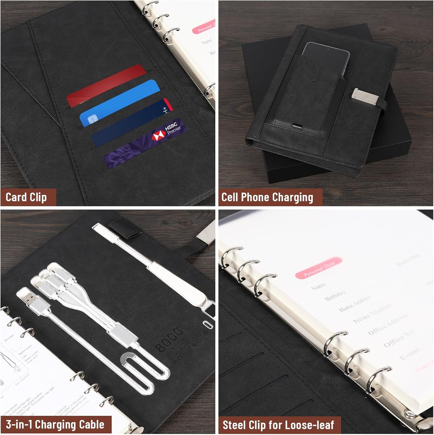 Premium Refillable Planner & Notebooks For Work,Rocketbook Notebook,With 8000mAh Power Bank, Book Light,3 in 1 Charger Cable,Card Holder,16G Thumb Drive,Used for Studying, Or Creating(Black-1)