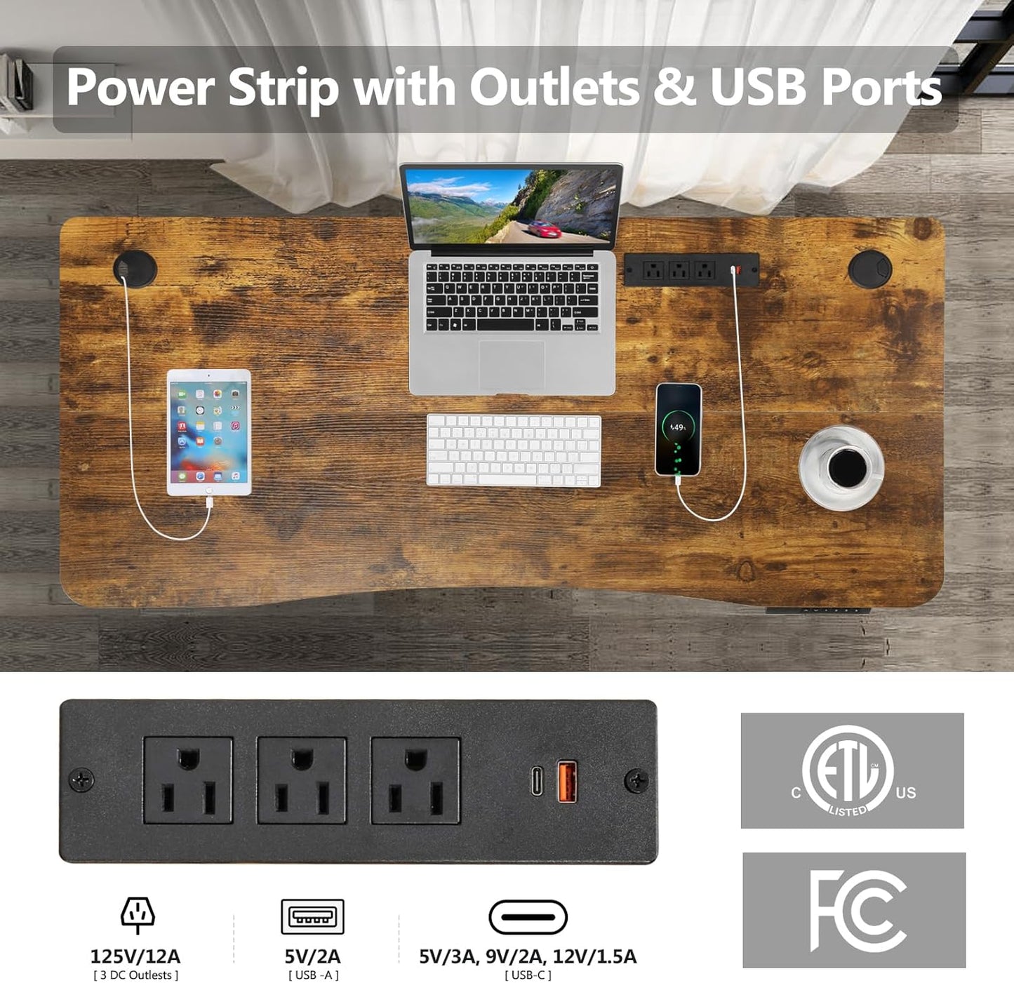 Electric Standing Desk 63 x 24 Inches Adjustable Height Ergonomic Sit Stand Up Desk Curved for Home Office Computer Workstation with 2 USB Ports 3 Power Outlets Memory Preset Wheels, Brown